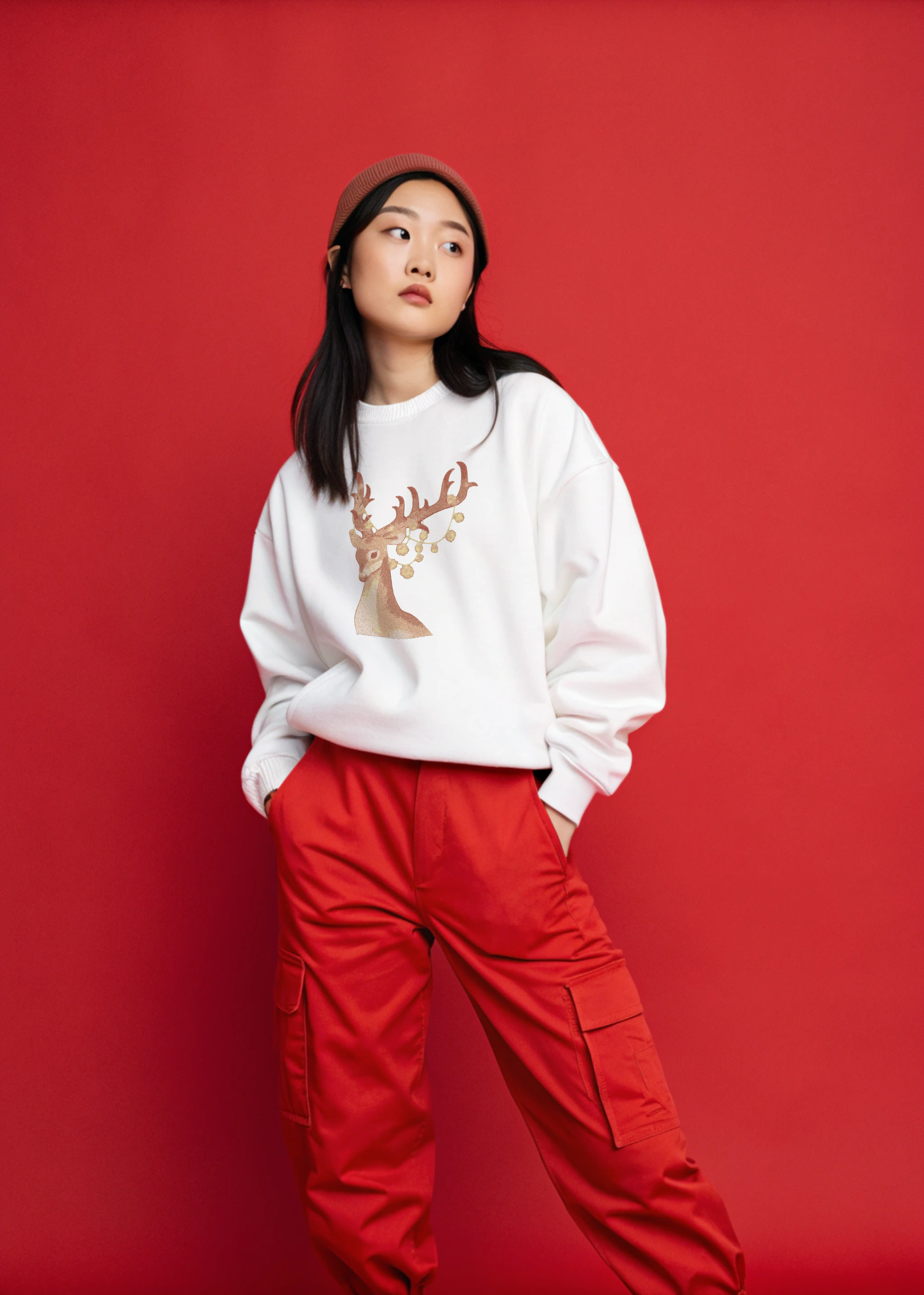 Christmas Reindeer Embroidery Hoodie | Sweatshirt | T-shirt