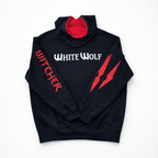 Black hoodie with 'White Wolf' and 'Witcher' text, red accents on a white background