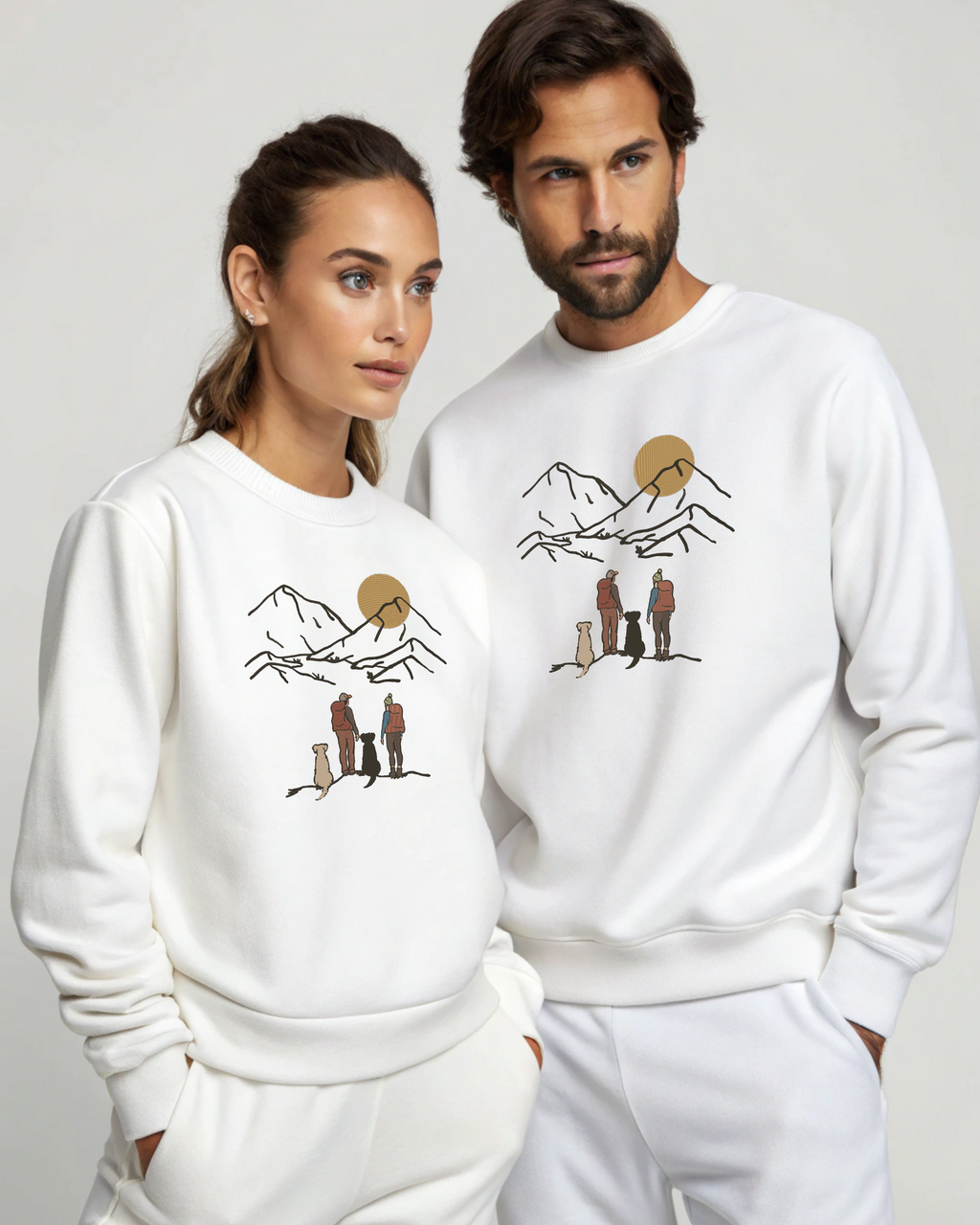 Minimal Line Art Sunset, Family Campers and Dogs Mountain Hike Scene Embroidery Hoodie | Sweatshirt | T-shirt