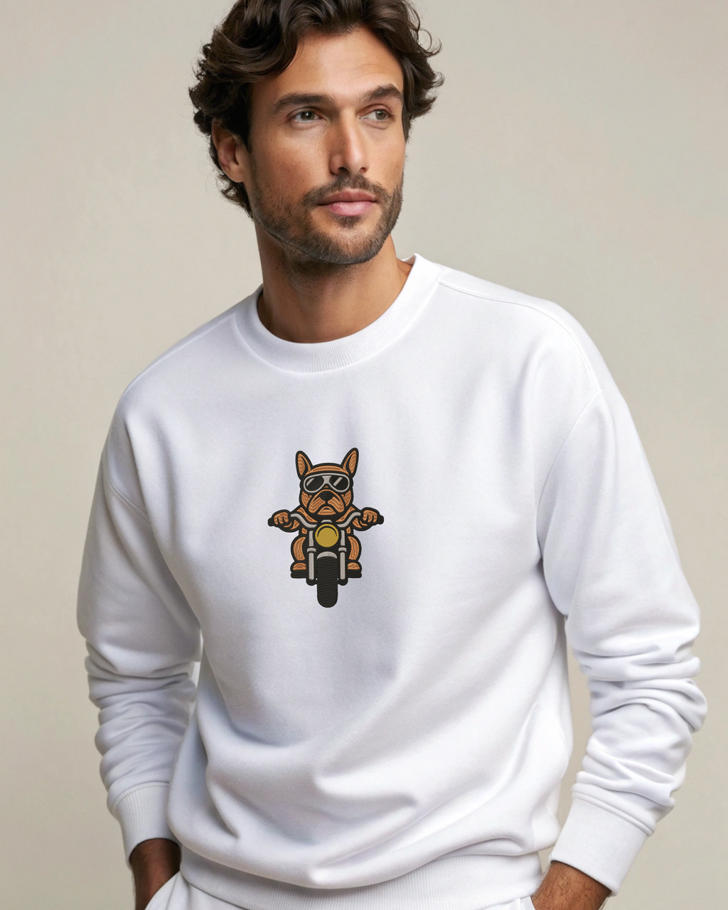 French Bulldog Riding Motorcycle Embroidery Hoodie | Sweatshirt | T-shirt