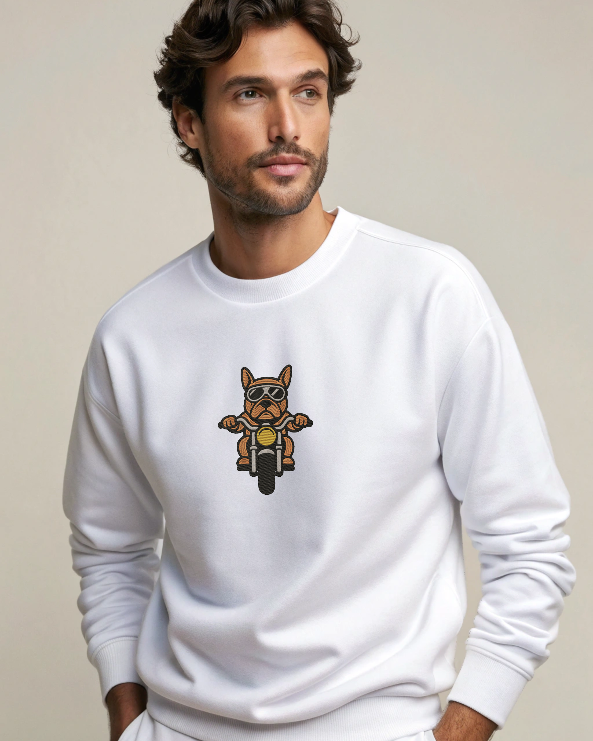 French Bulldog Riding Motorcycle Embroidery Hoodie | Sweatshirt | T-shirt