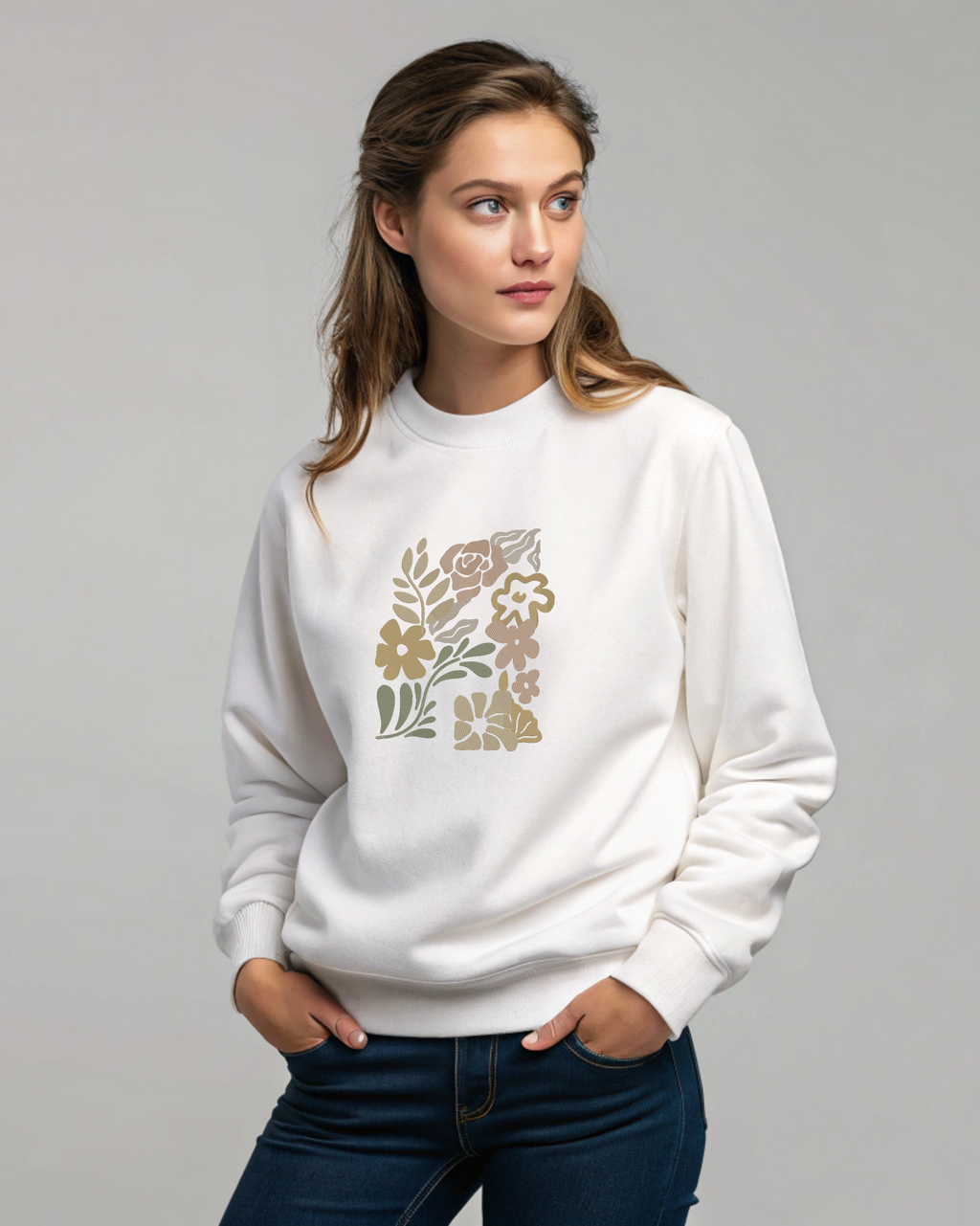 Boho Neutral Floral Earth Tone Botanical Block Art Embroidery Hoodie | Sweatshirt
