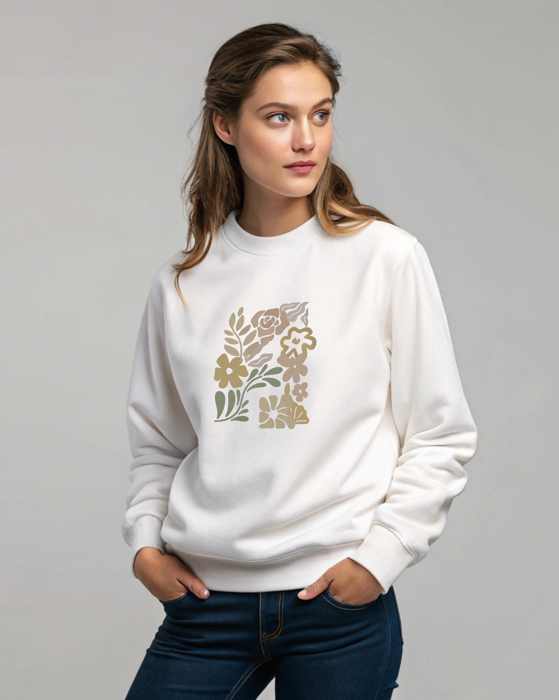 Boho Neutral Floral Earth Tone Botanical Block Art Embroidery Hoodie | Sweatshirt
