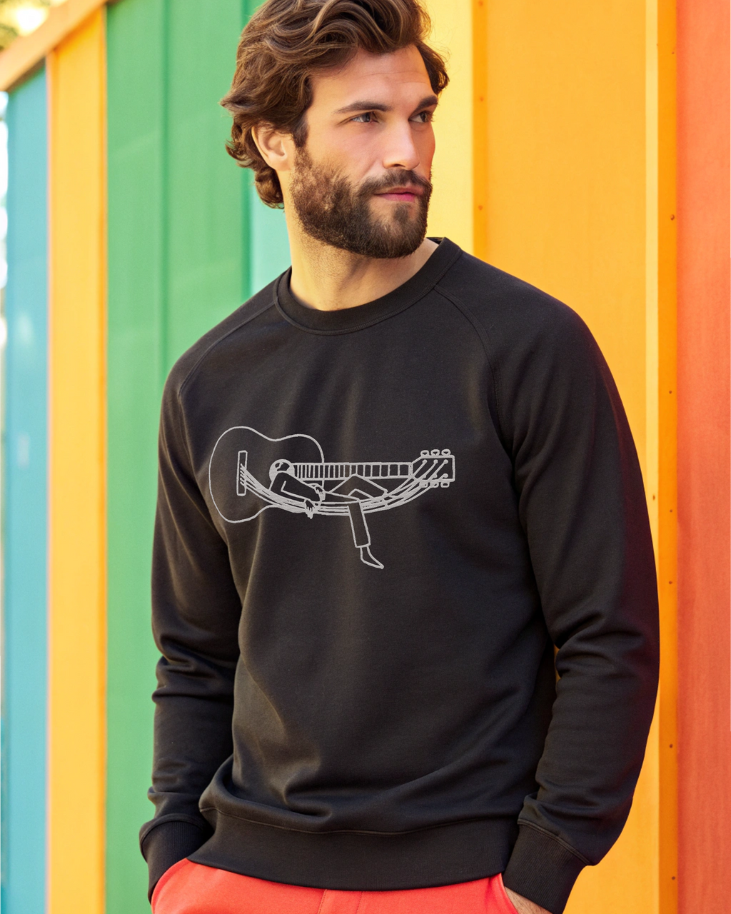 ジプシーギターハンモックミニマルラインアート音楽刺繍パーカー | スウェットシャツ | Tシャツ