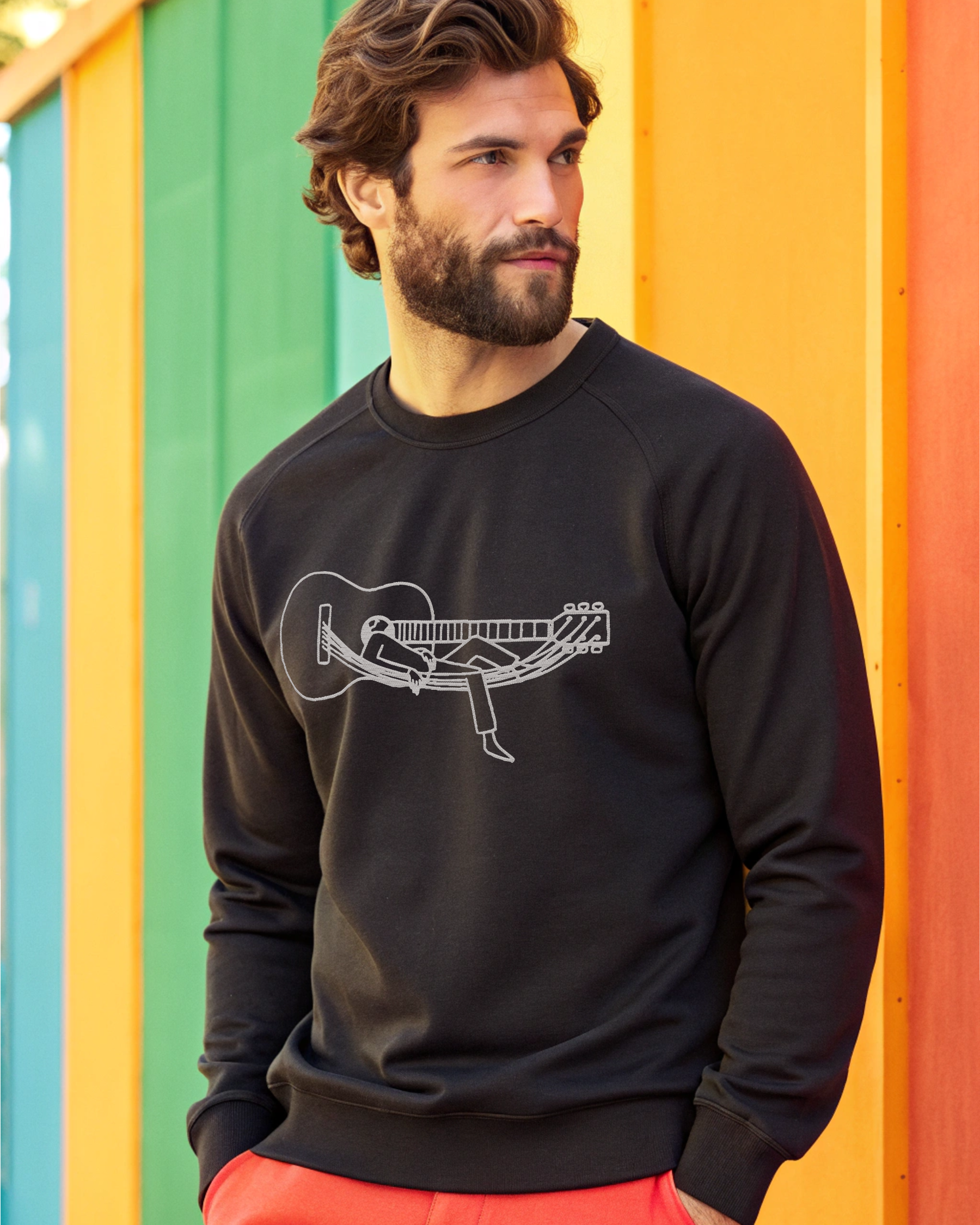 ジプシーギターハンモックミニマルラインアート音楽刺繍パーカー | スウェットシャツ | Tシャツ