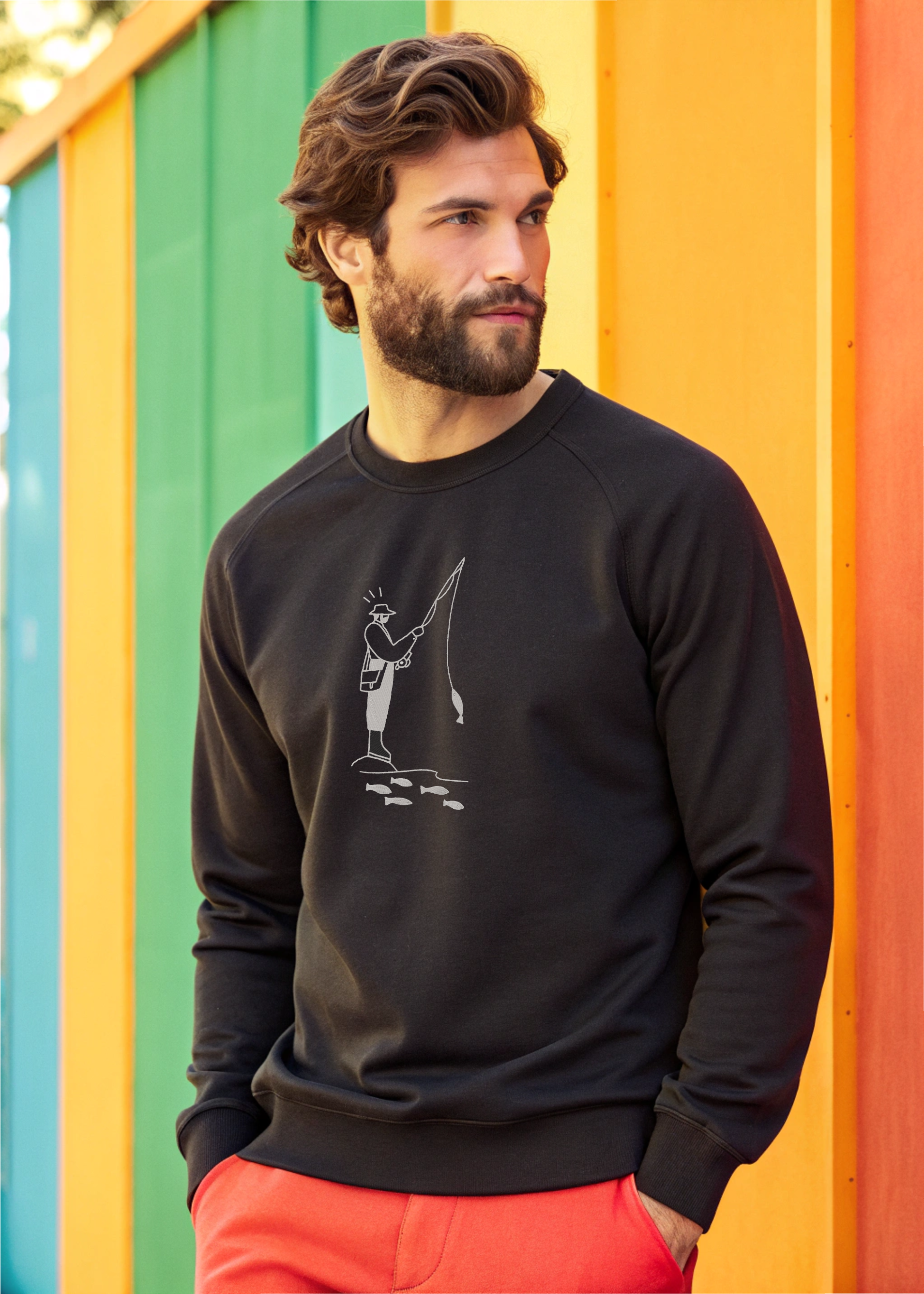 Fisherman Minimal Line Art Embroidery Hoodie | Sweatshirt | T-shirt