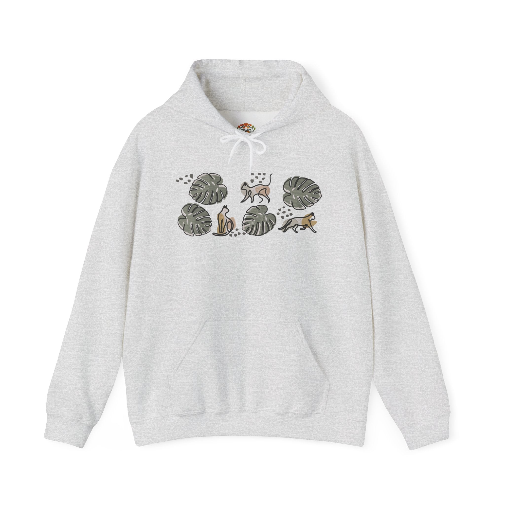 Boho Monstera Leaves with Playful Cats Embroidery Hoodie | Sweatshirt