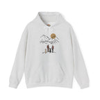 Minimal Line Art Sunset, Family Campers and Dogs Mountain Hike Scene Embroidery Hoodie | Sweatshirt | T-shirt