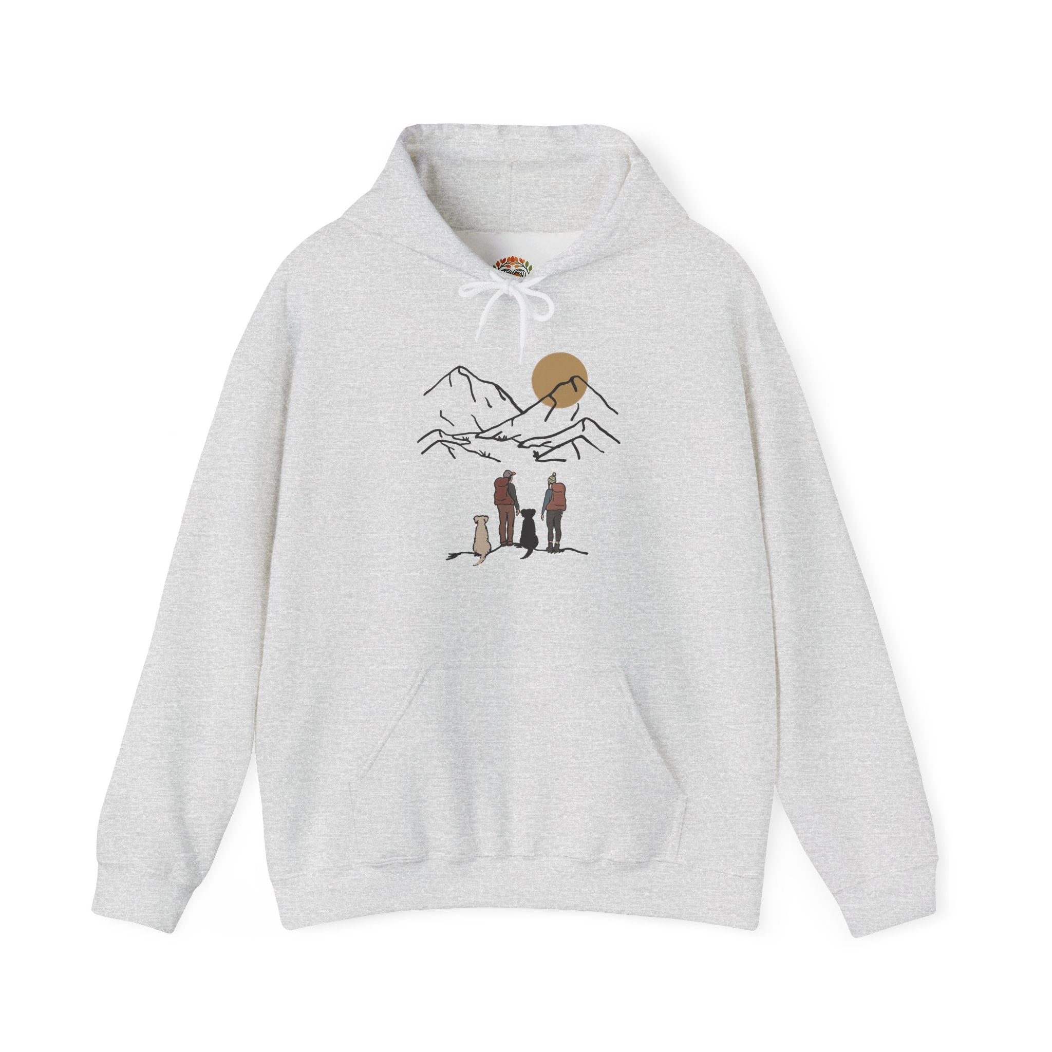 Minimal Line Art Sunset, Family Campers and Dogs Mountain Hike Scene Embroidery Hoodie | Sweatshirt | T-shirt