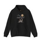 Minimal Line Art Sunset, Family Campers and Dogs Mountain Hike Scene Embroidery Hoodie | Sweatshirt | T-shirt