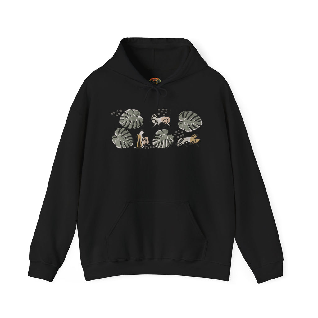 Boho Monstera Leaves with Playful Cats Embroidery Hoodie | Sweatshirt