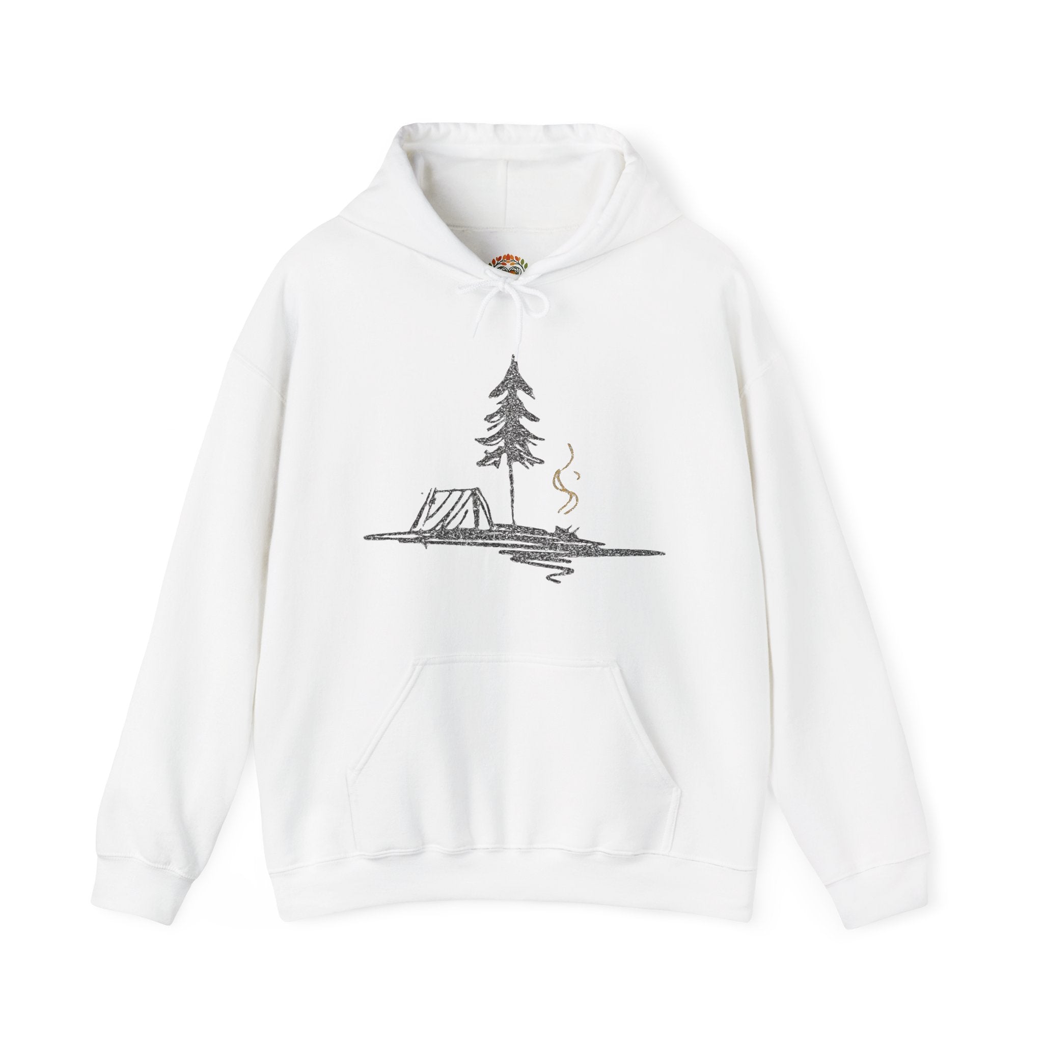 テント、松、キャンプファイヤー、湖のスケッチ刺繍パーカー | スウェットシャツ | Tシャツ