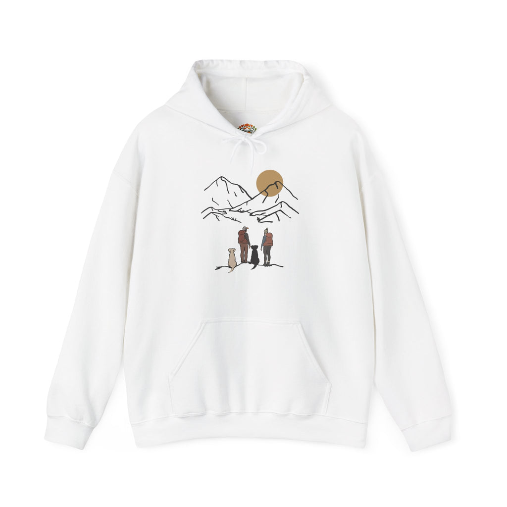 Minimal Line Art Sunset, Family Campers and Dogs Mountain Hike Scene Embroidery Hoodie | Sweatshirt | T-shirt