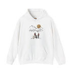 Minimal Line Art Sunset, Family Campers and Dogs Mountain Hike Scene Embroidery Hoodie | Sweatshirt | T-shirt