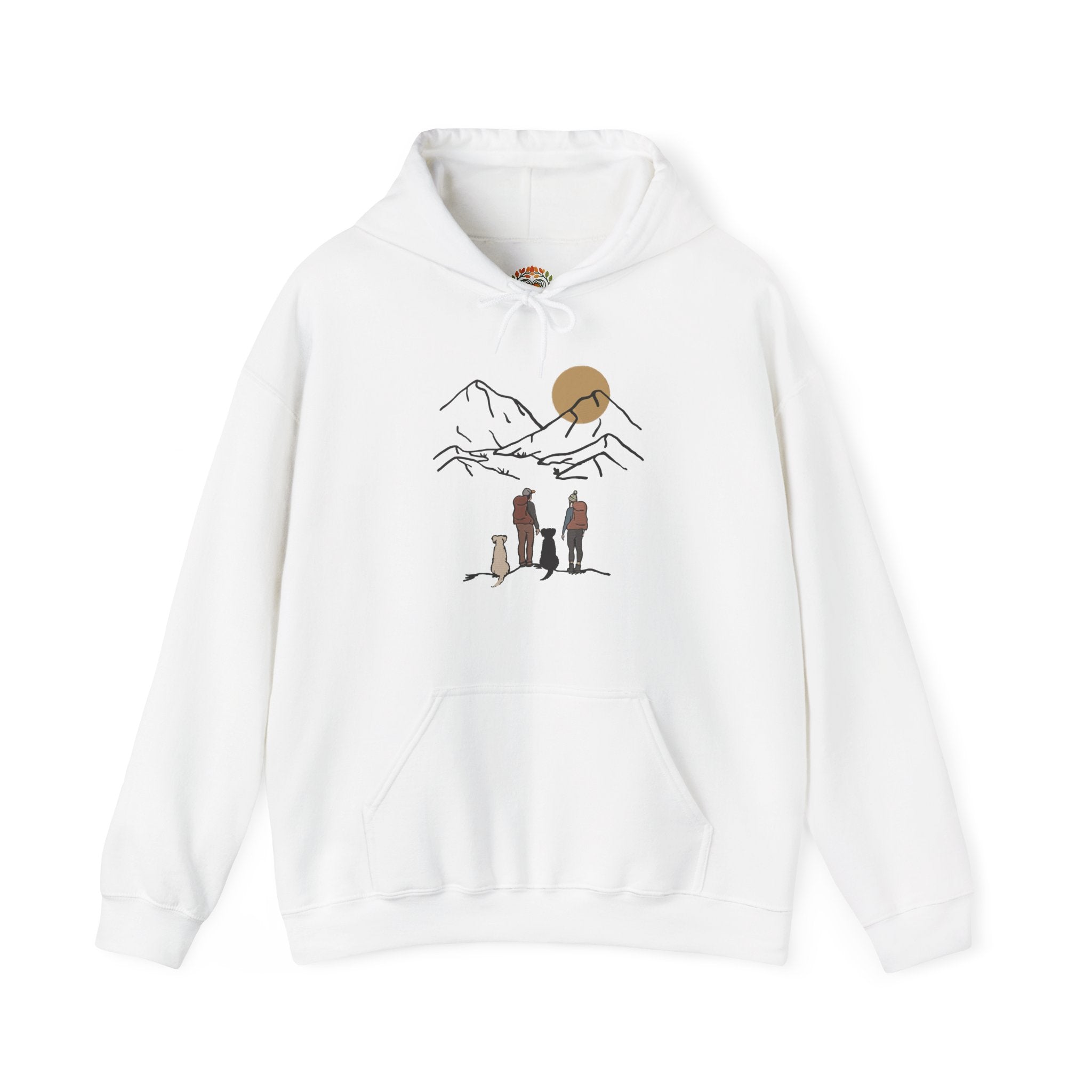 Minimal Line Art Sunset, Family Campers and Dogs Mountain Hike Scene Embroidery Hoodie | Sweatshirt | T-shirt