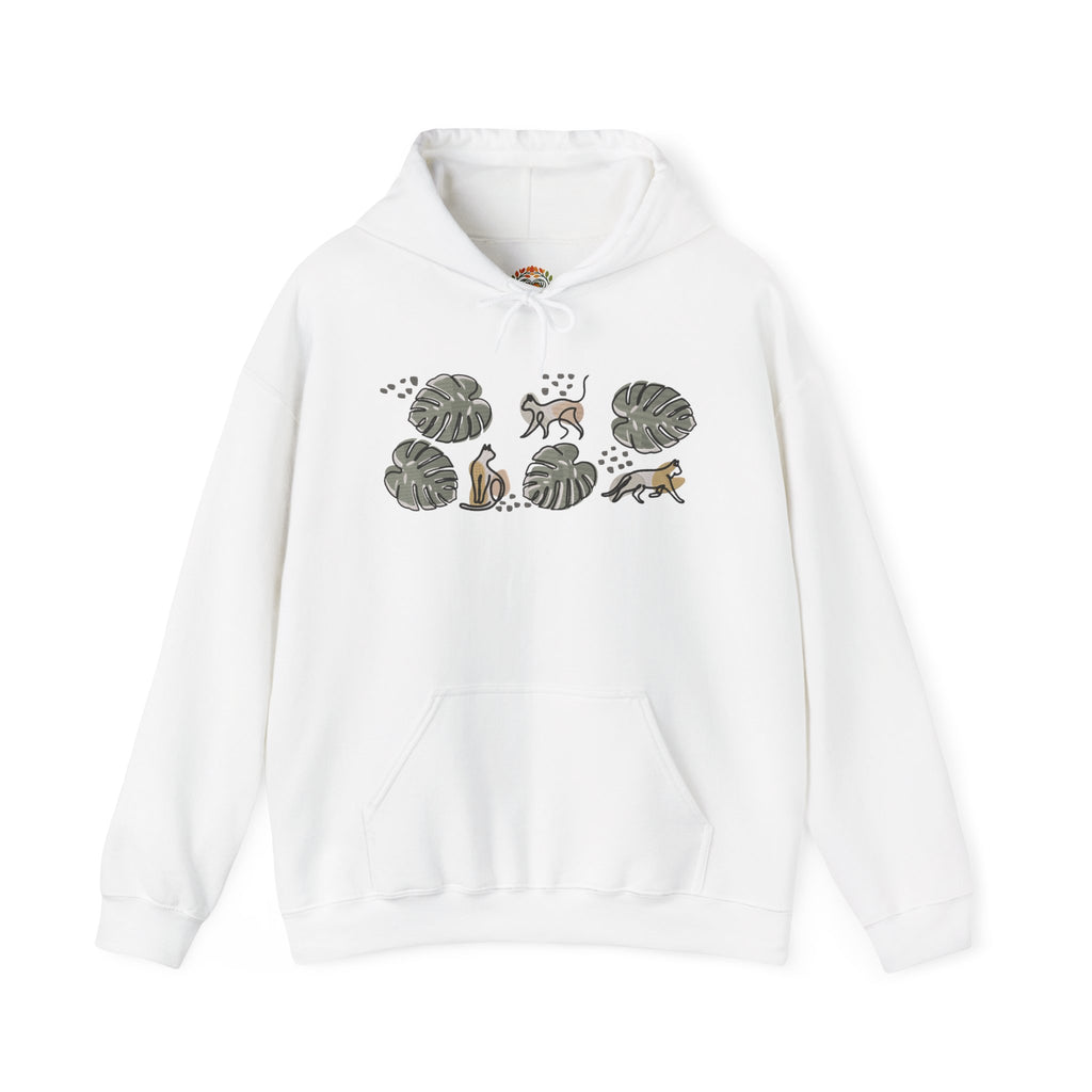 Boho Monstera Leaves with Playful Cats Embroidery Hoodie | Sweatshirt