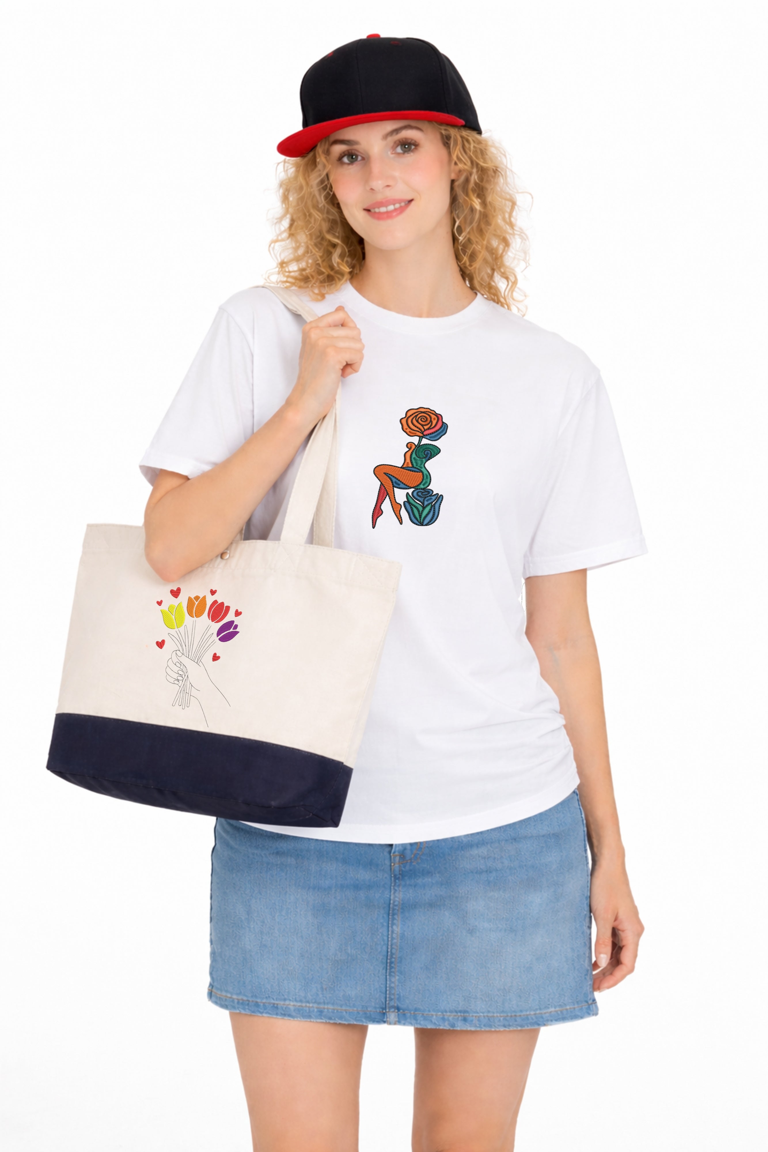 Abstract Rose Lady Mural Embroidered Premium Cotton T shirt | Spring Collection