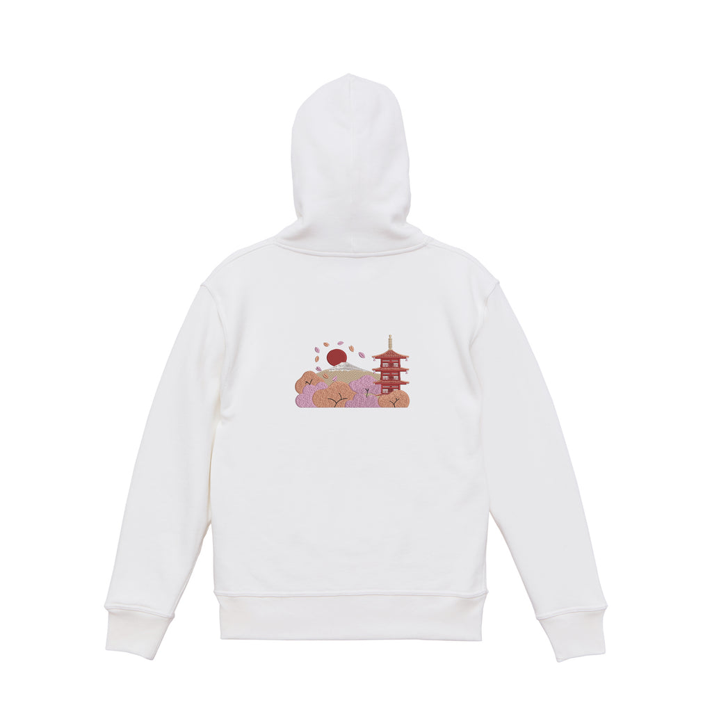 Sudadera con capucha pesada con doble cremallera Golden Bonsai Chureito Fuji Pagoda Landscape | Bordada 450GSM