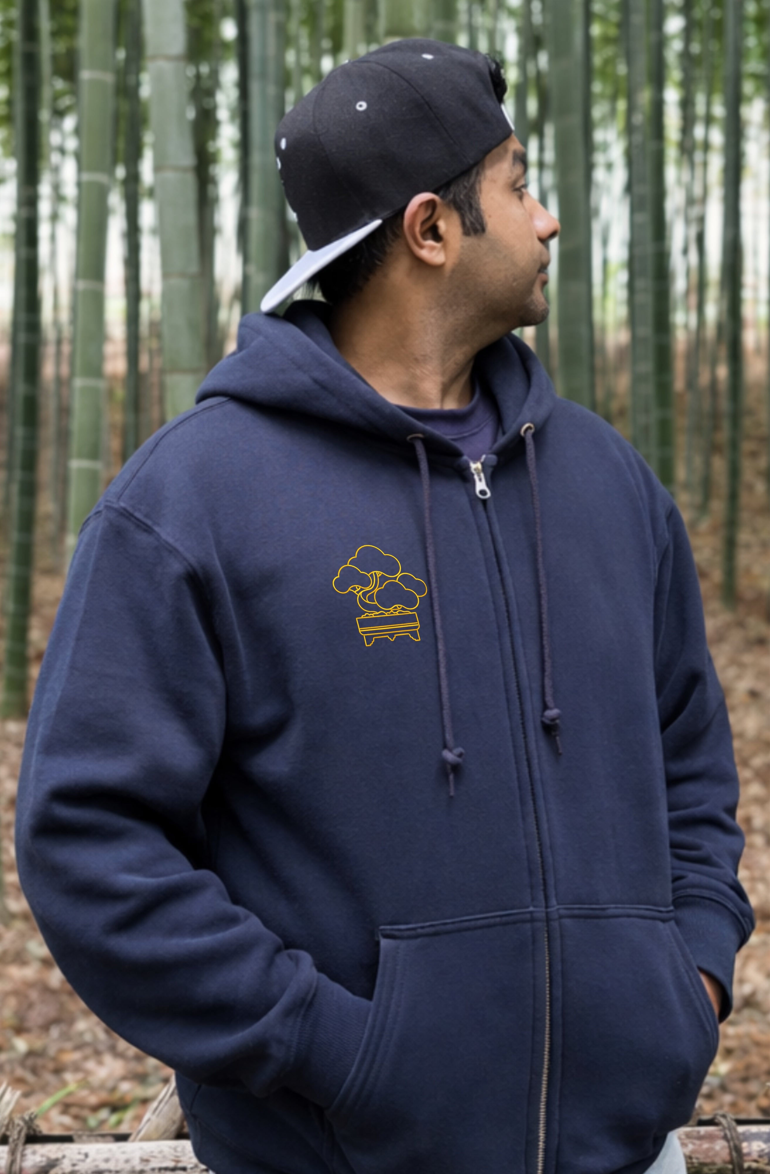 Golden Bonsai Chureito Fuji Pagoda Landscape | Embroidered 450GSM Heavyweight Dual Zip Hoodie