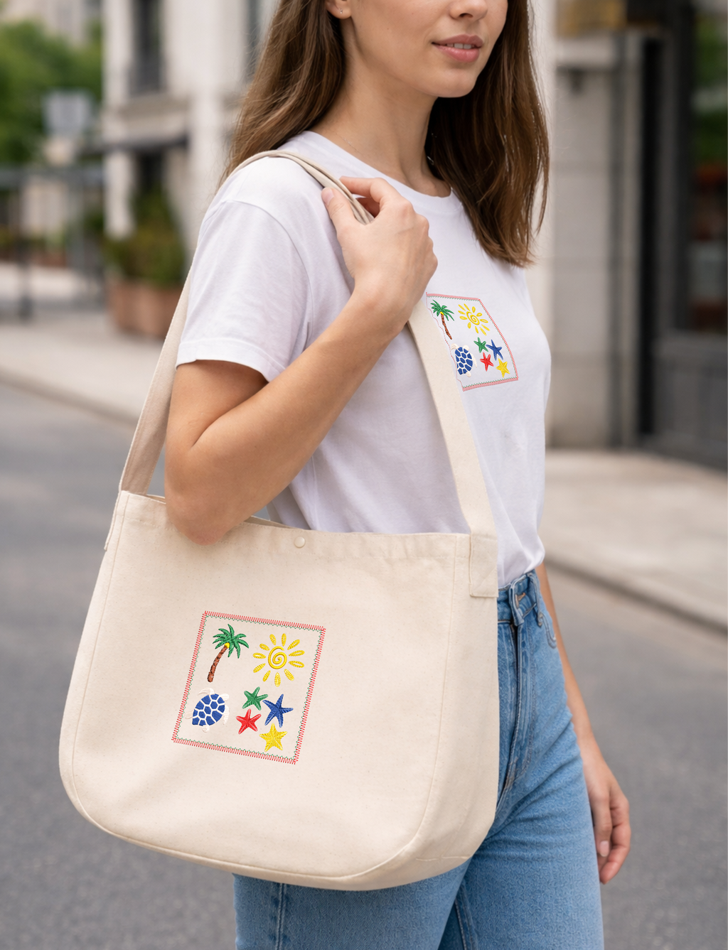 Sun Beach Ocean Summer Embroidered Large 20L Tote Bag | Matching Set for Adults