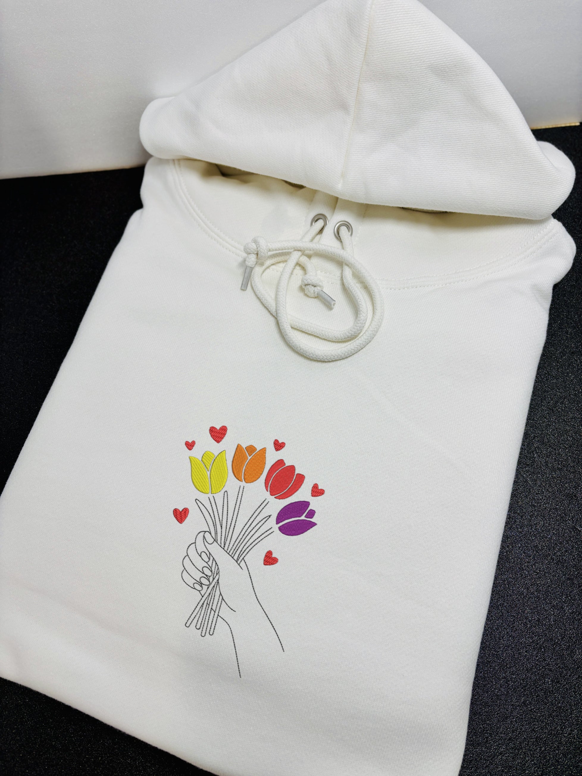 Colorful Tulip Flower Bouquet Embroidered Heavyweight Hoodie and Sweatshirt