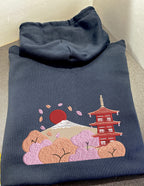 Sudadera con capucha pesada con doble cremallera Golden Bonsai Chureito Fuji Pagoda Landscape | Bordada 450GSM