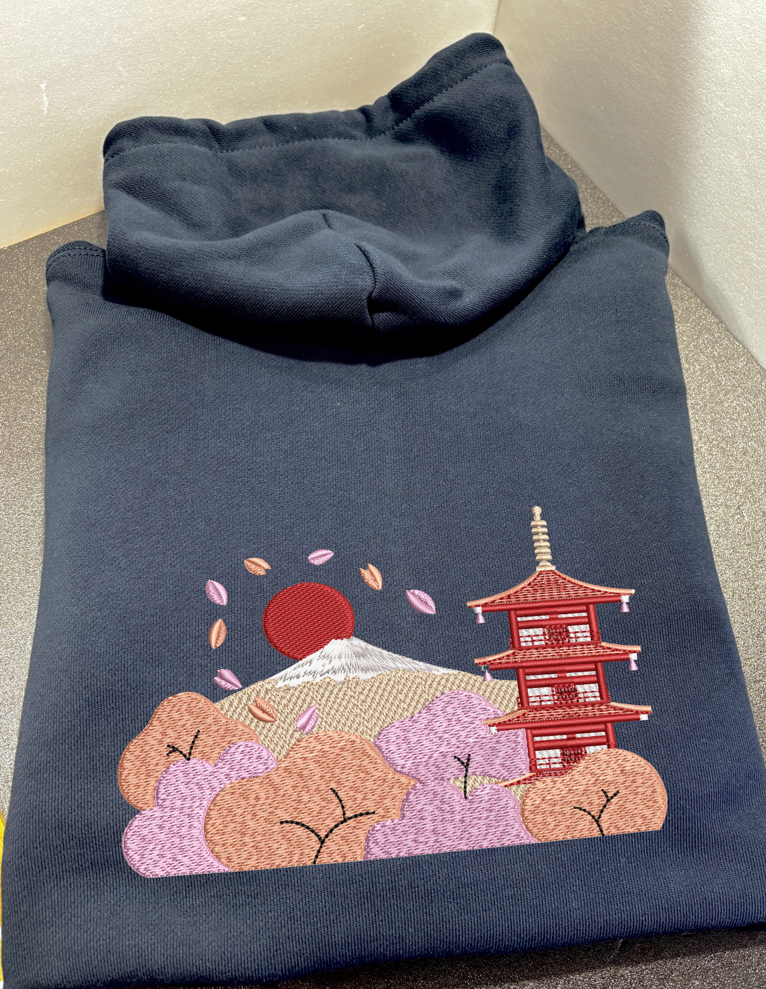 Golden Bonsai Chureito Fuji Pagoda Landscape | Embroidered 450GSM Heavyweight Dual Zip Hoodie