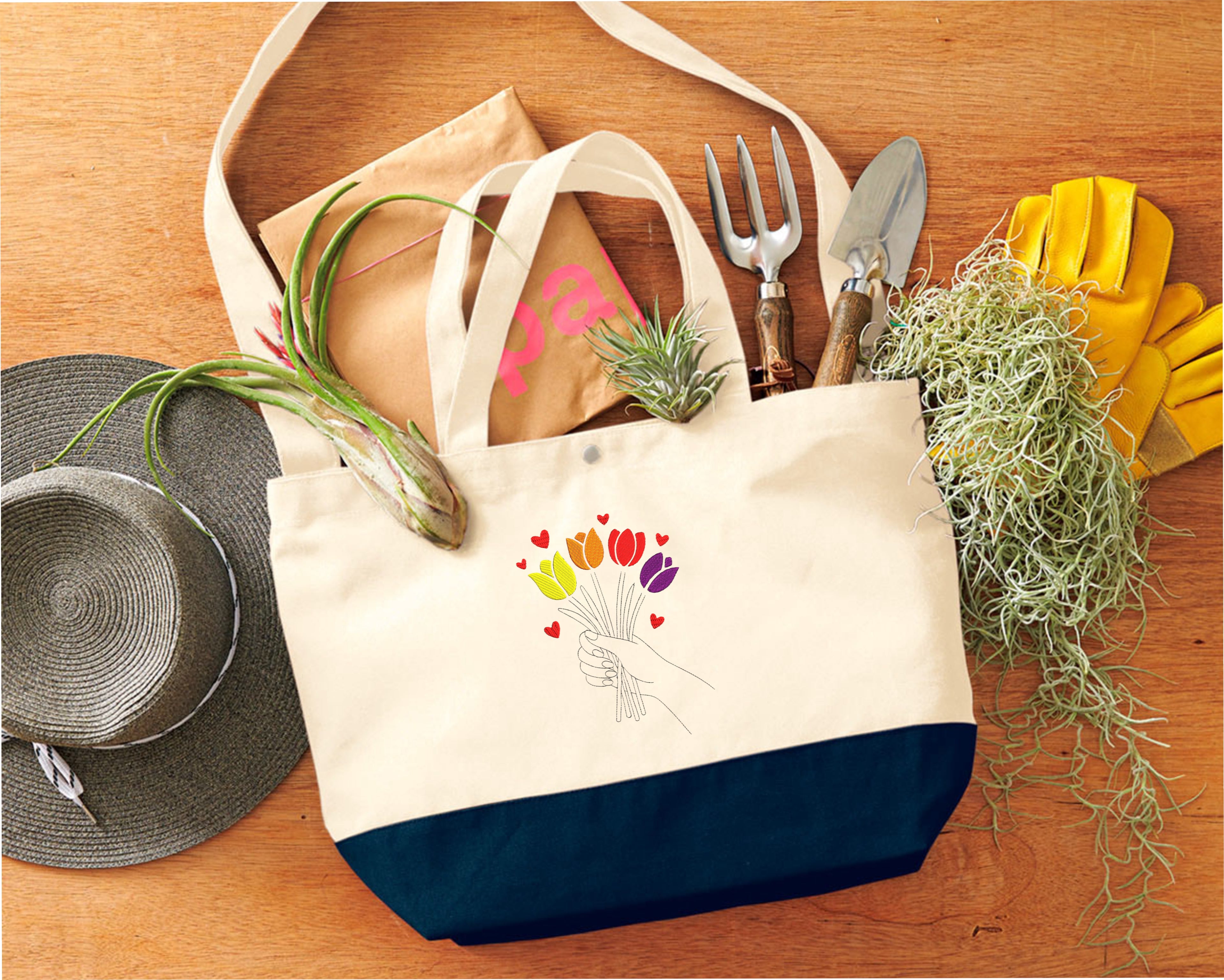 Bolso de tela bordado con ramo de tulipanes 17L