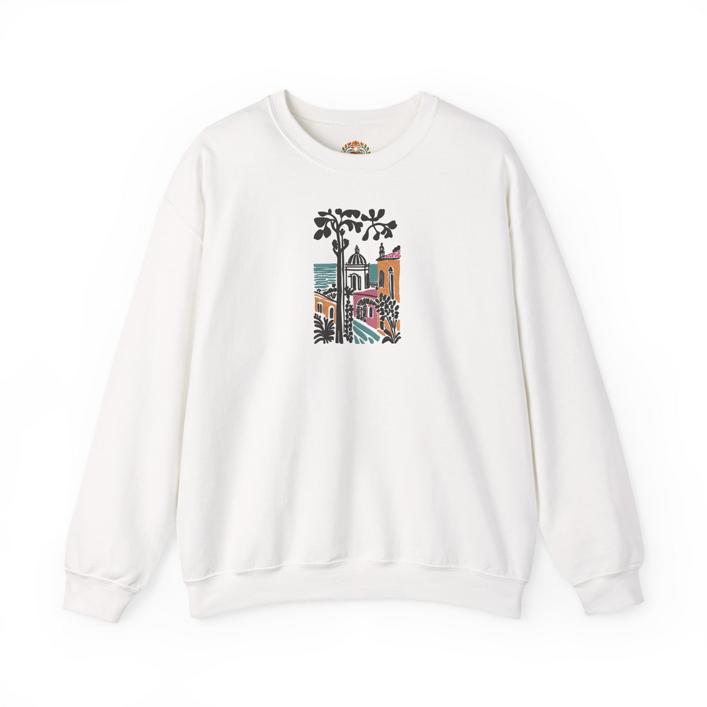 地中海沿岸の村をモチーフにした刺繍パーカー | スウェットシャツ