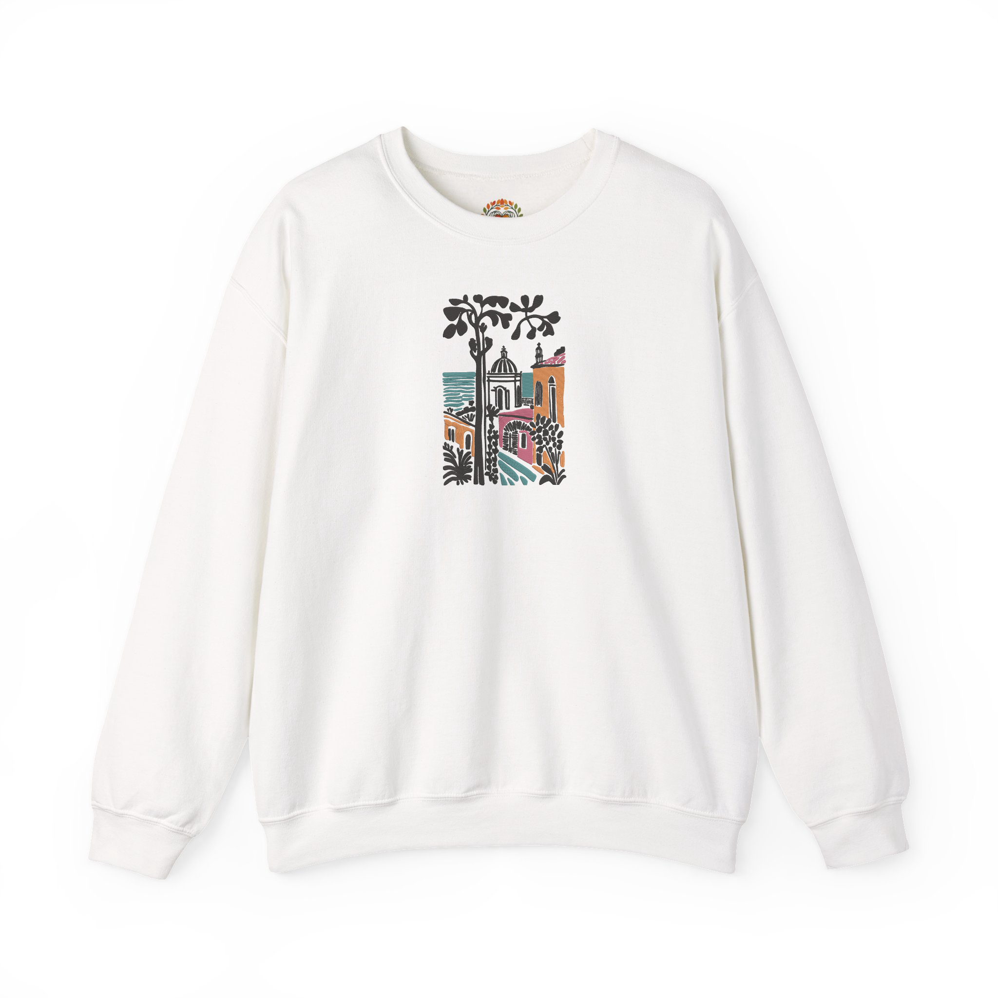 Sudadera con capucha bordada de un pueblo costero mediterráneo | Sudadera