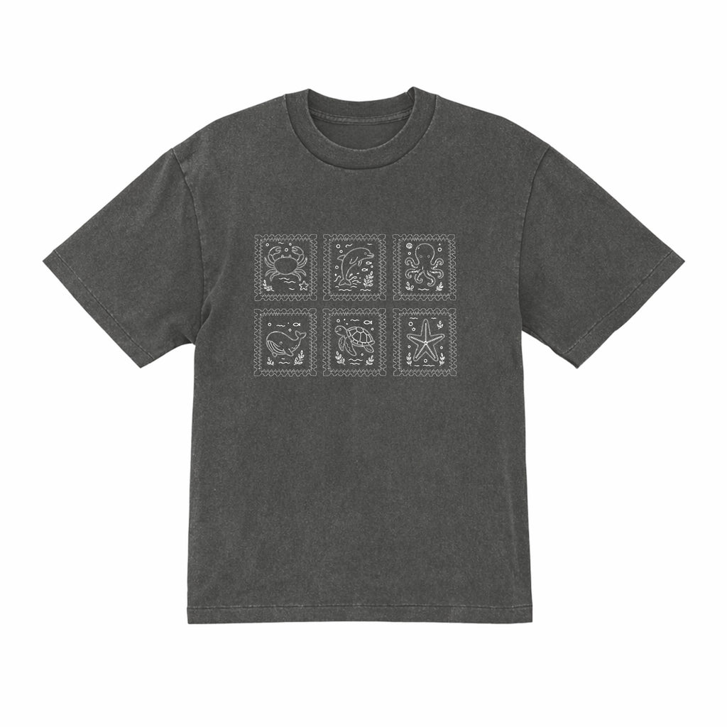 海の動物 スタンプ 海洋刺繍 プレミアムオーガニックコットンTシャツ
