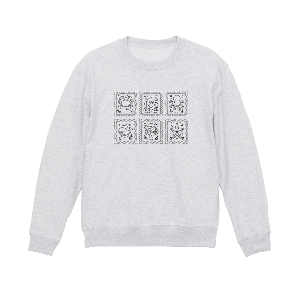 Ocean Animal Stamp Marine Embroidered Heavyweight 450 GSM Cotton Hoodie Sweatshirt