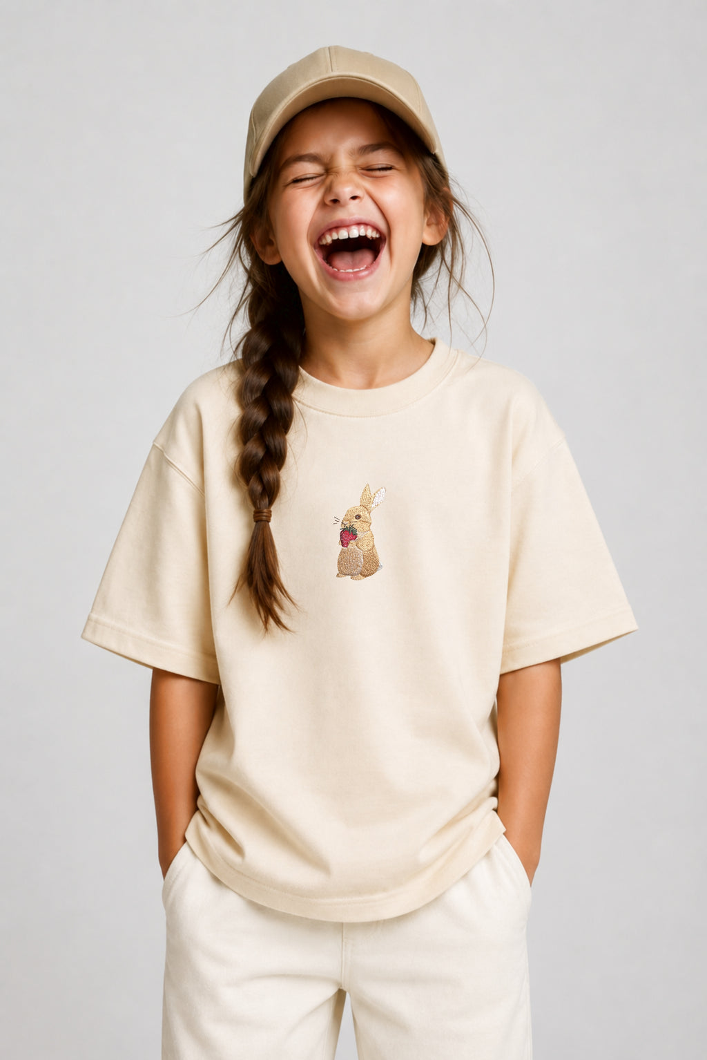 Bunny and Strawberry Embroidered 250 GSM Organic Cotton T shirt | Adults and Kids Matching Set