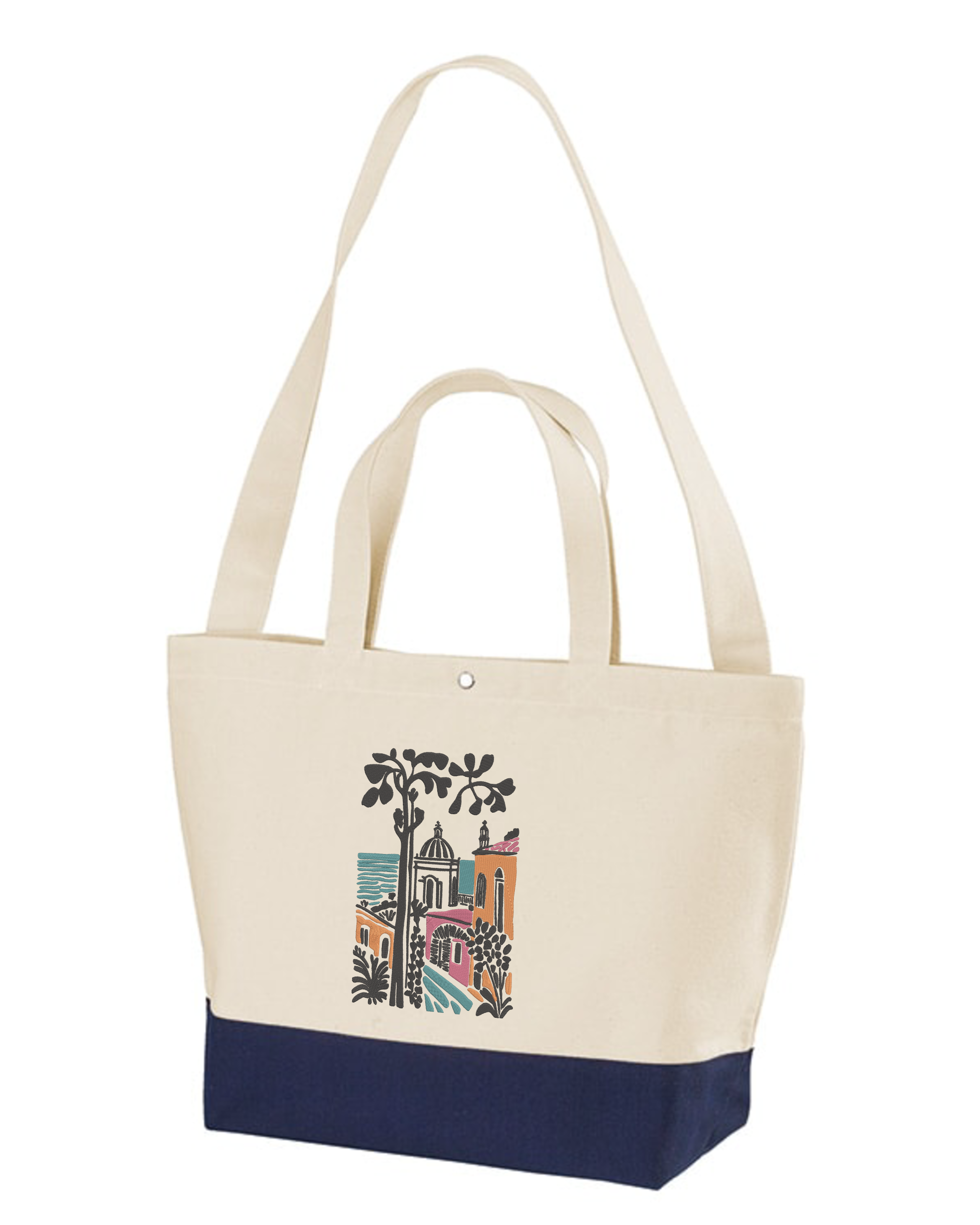 地中海沿岸の村の刺繍トートバッグ