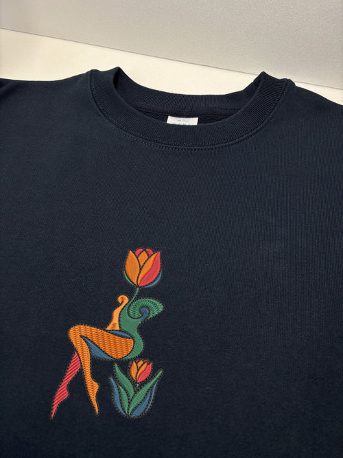 Abstract Tulip Lady Mural Embroidered Heavyweight Hoodie and Sweatshirt