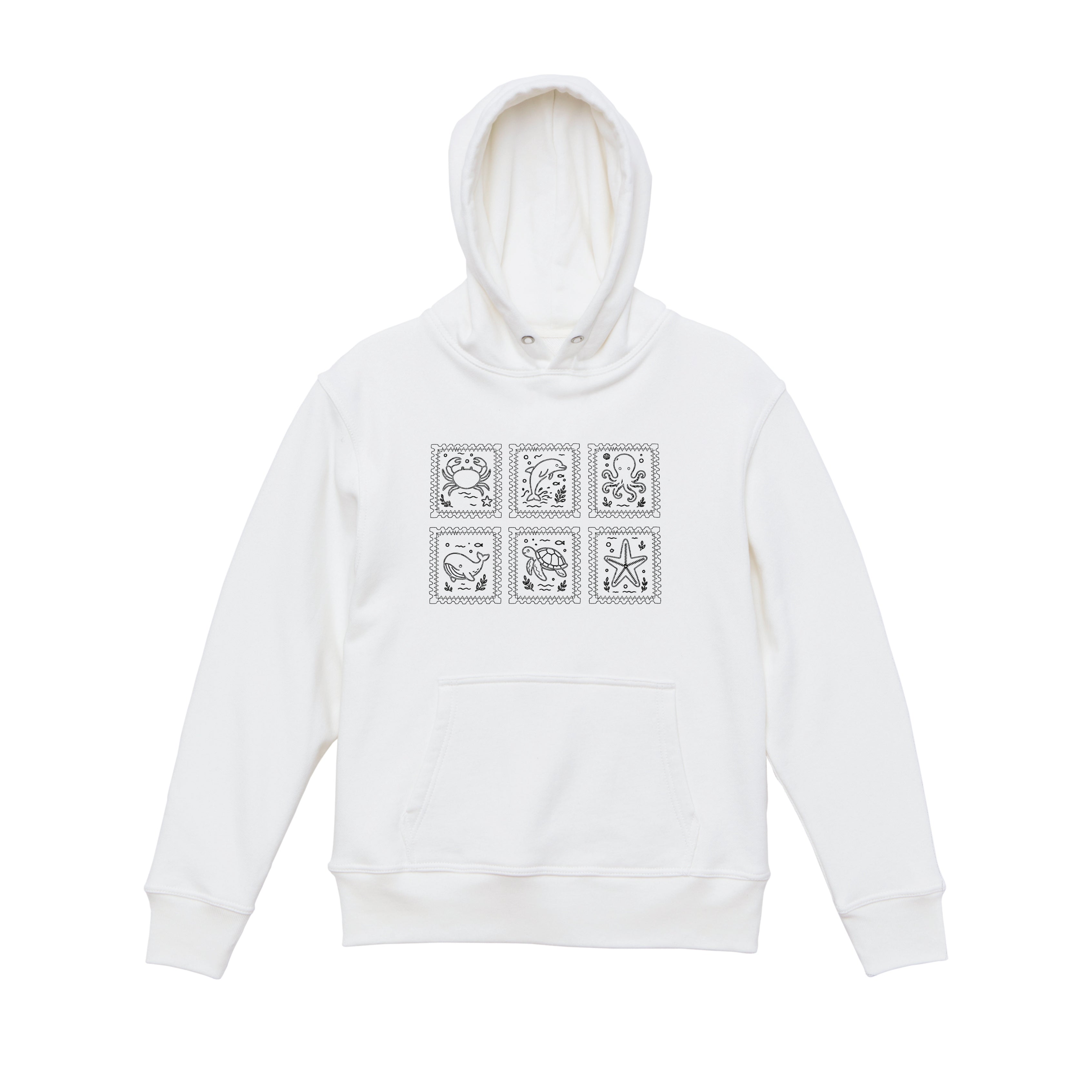 Ocean Animal Stamp Marine Embroidered Heavyweight 450 GSM Cotton Hoodie Sweatshirt