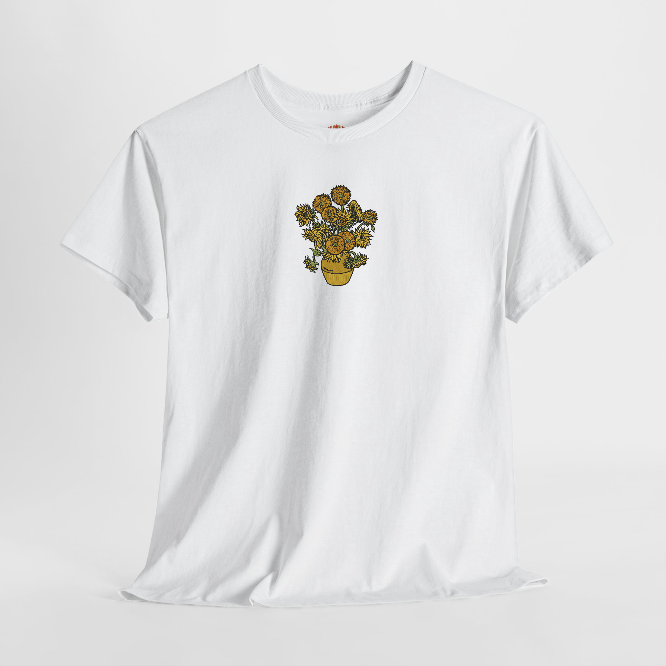 Vase with Fifteen Sunflowers Vincent Van Gogh Premium Cotton Heavyweight Embroidered T shirt
