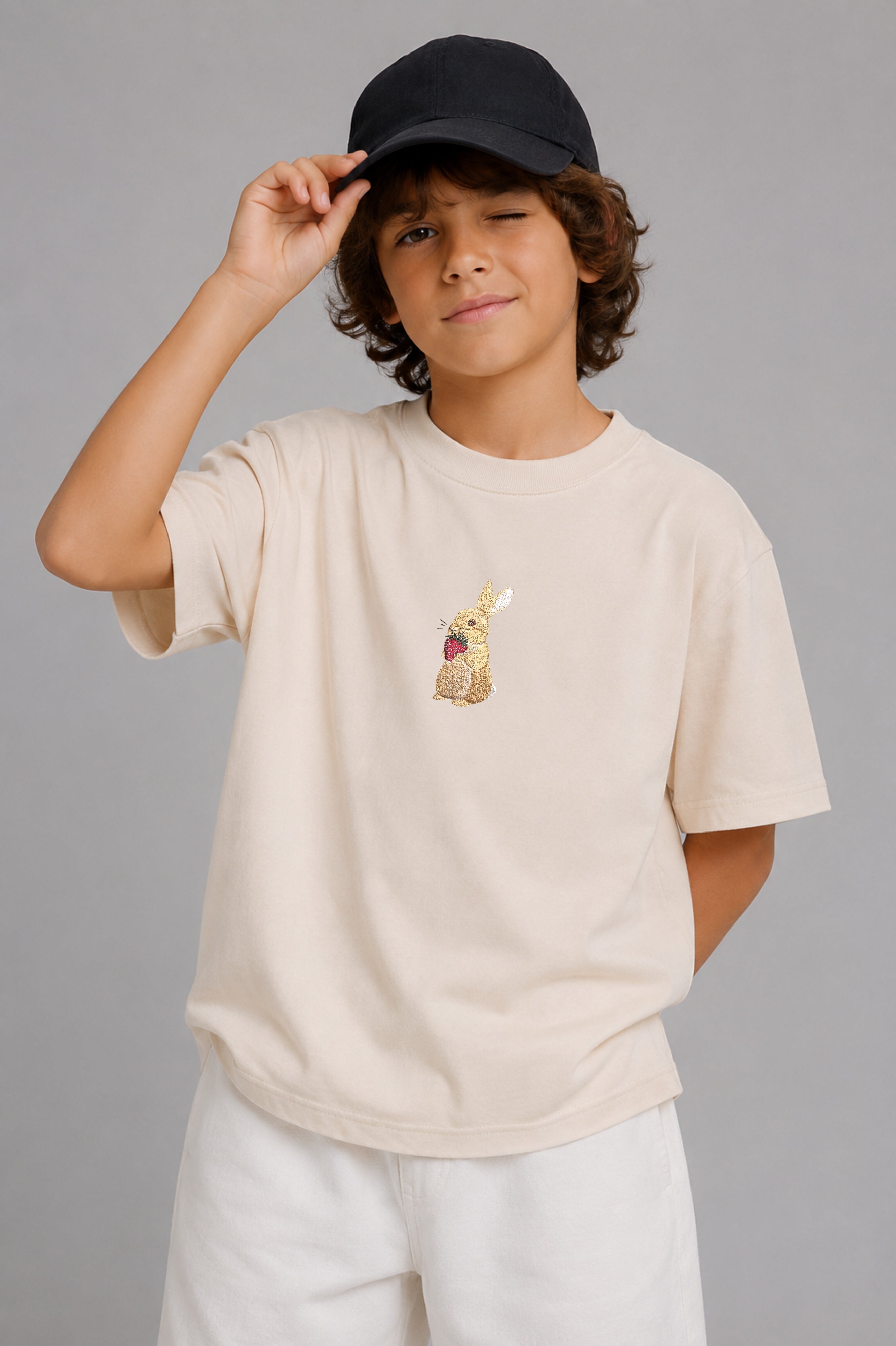 Bunny and Strawberry Embroidered 250 GSM Organic Cotton T shirt | Adults and Kids Matching Set