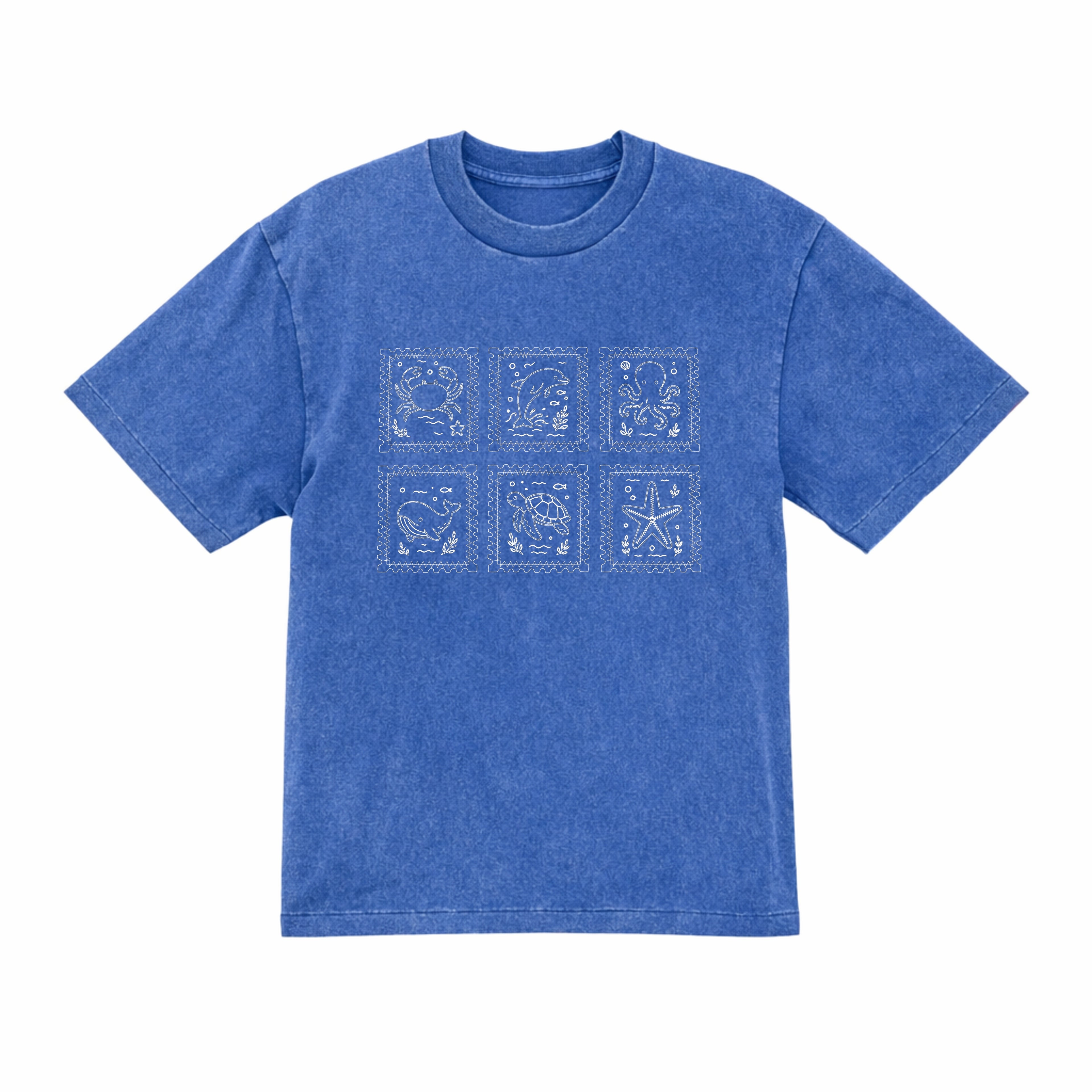 海の動物 スタンプ 海洋刺繍 プレミアムオーガニックコットンTシャツ