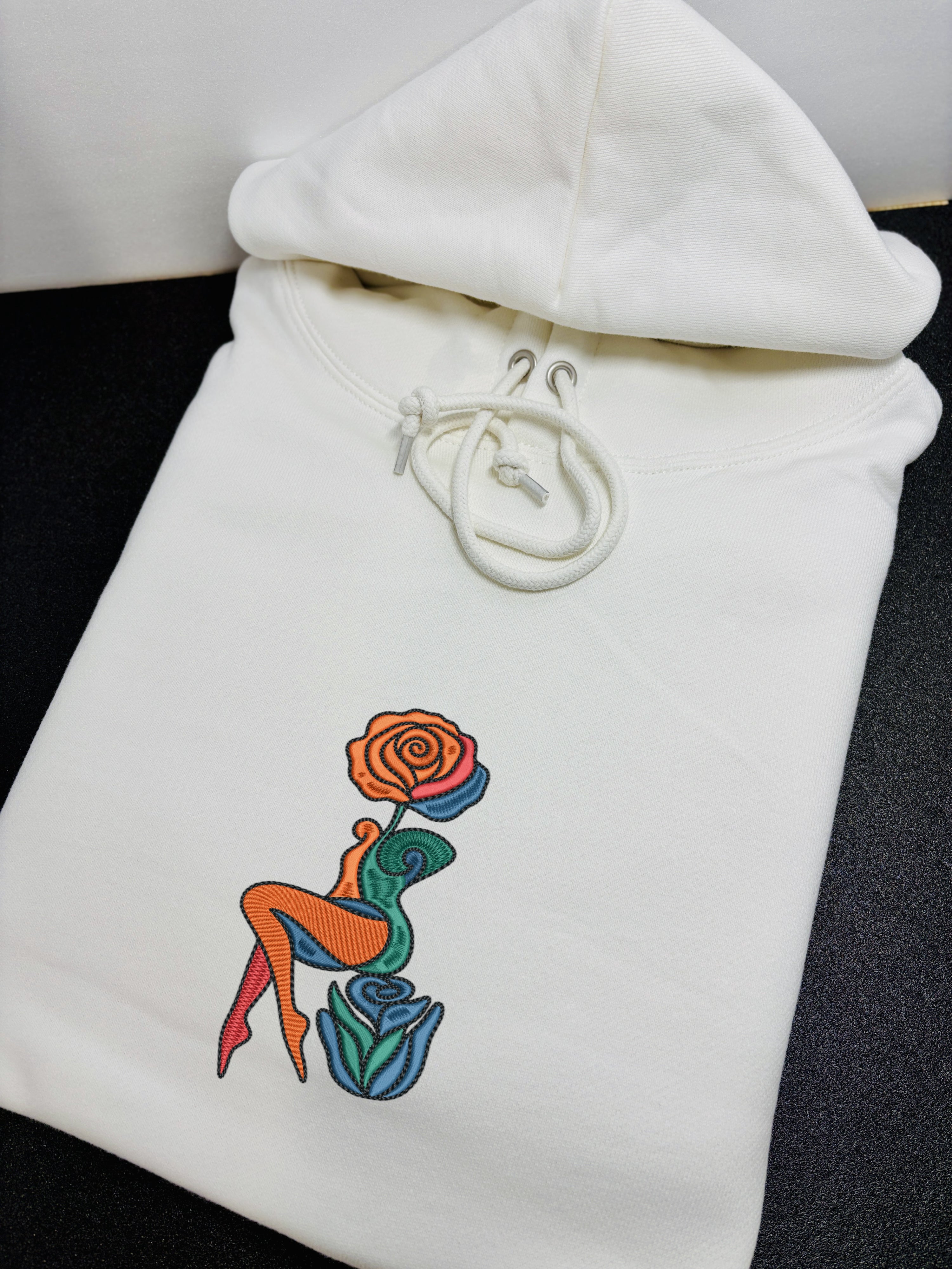 Abstract Rose Lady Mural Embroidered Heavyweight Hoodie and Sweatshirt