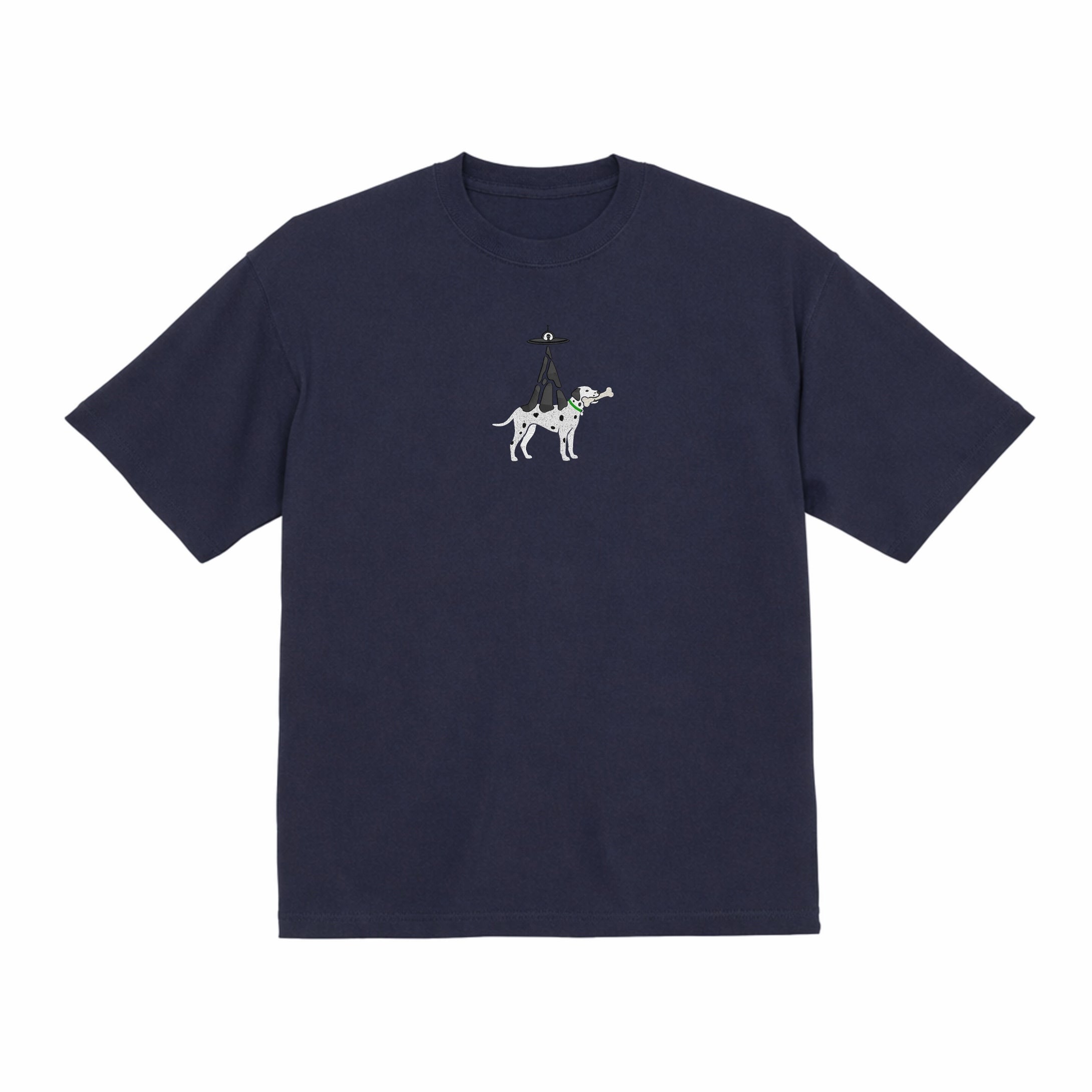 Camiseta de algodón premium bordada con un divertido perro dálmata extraterrestre