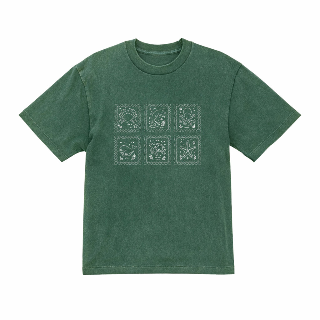 海の動物 スタンプ 海洋刺繍 プレミアムオーガニックコットンTシャツ