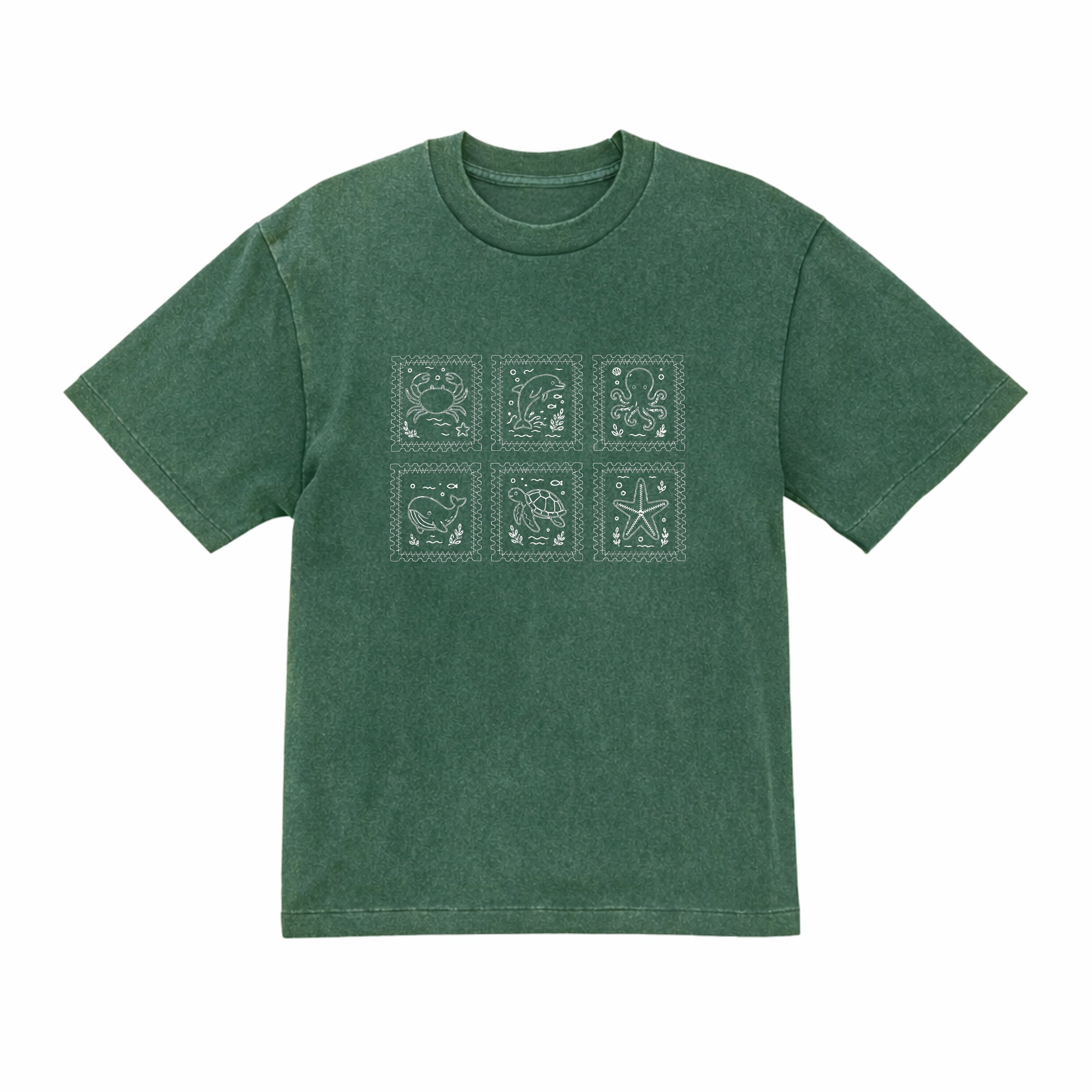 海の動物 スタンプ 海洋刺繍 プレミアムオーガニックコットンTシャツ