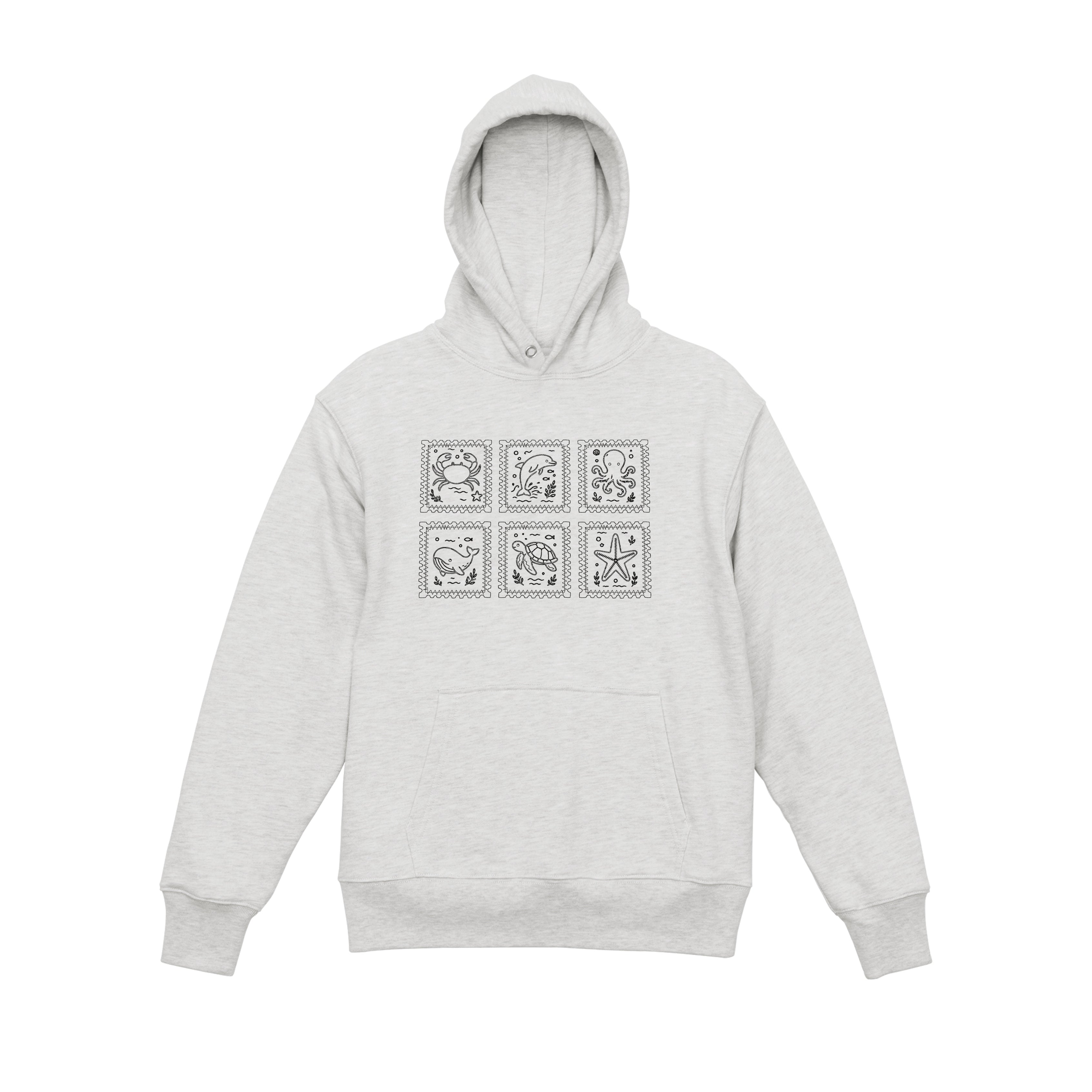 Ocean Animal Stamp Marine Embroidered Heavyweight 450 GSM Cotton Hoodie Sweatshirt