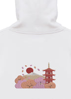 Sudadera con capucha pesada con doble cremallera Golden Bonsai Chureito Fuji Pagoda Landscape | Bordada 450GSM