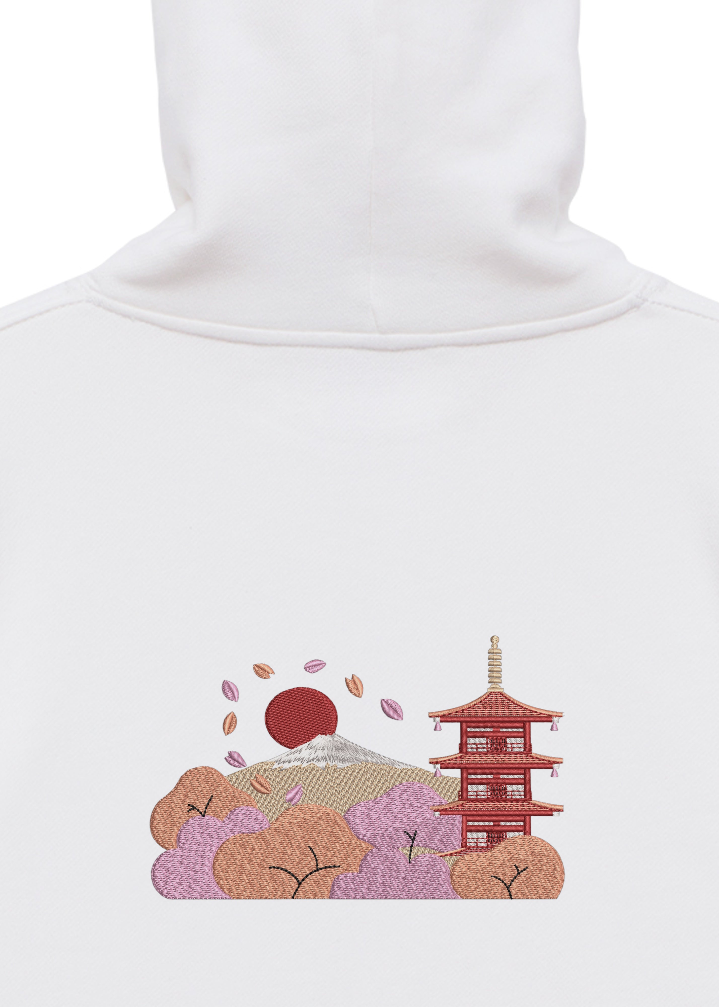 Sudadera con capucha pesada con doble cremallera Golden Bonsai Chureito Fuji Pagoda Landscape | Bordada 450GSM