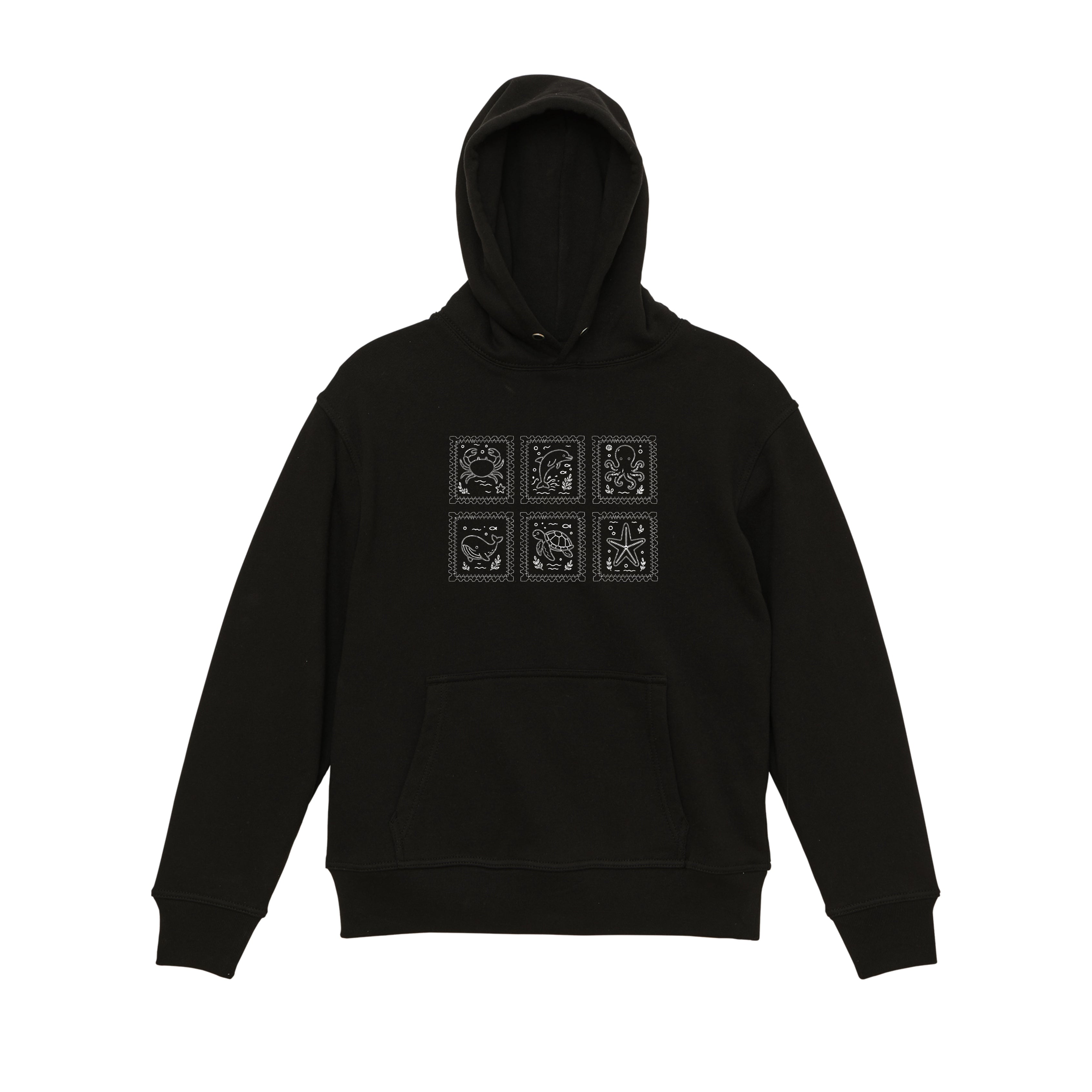 Ocean Animal Stamp Marine Embroidered Heavyweight 450 GSM Cotton Hoodie Sweatshirt