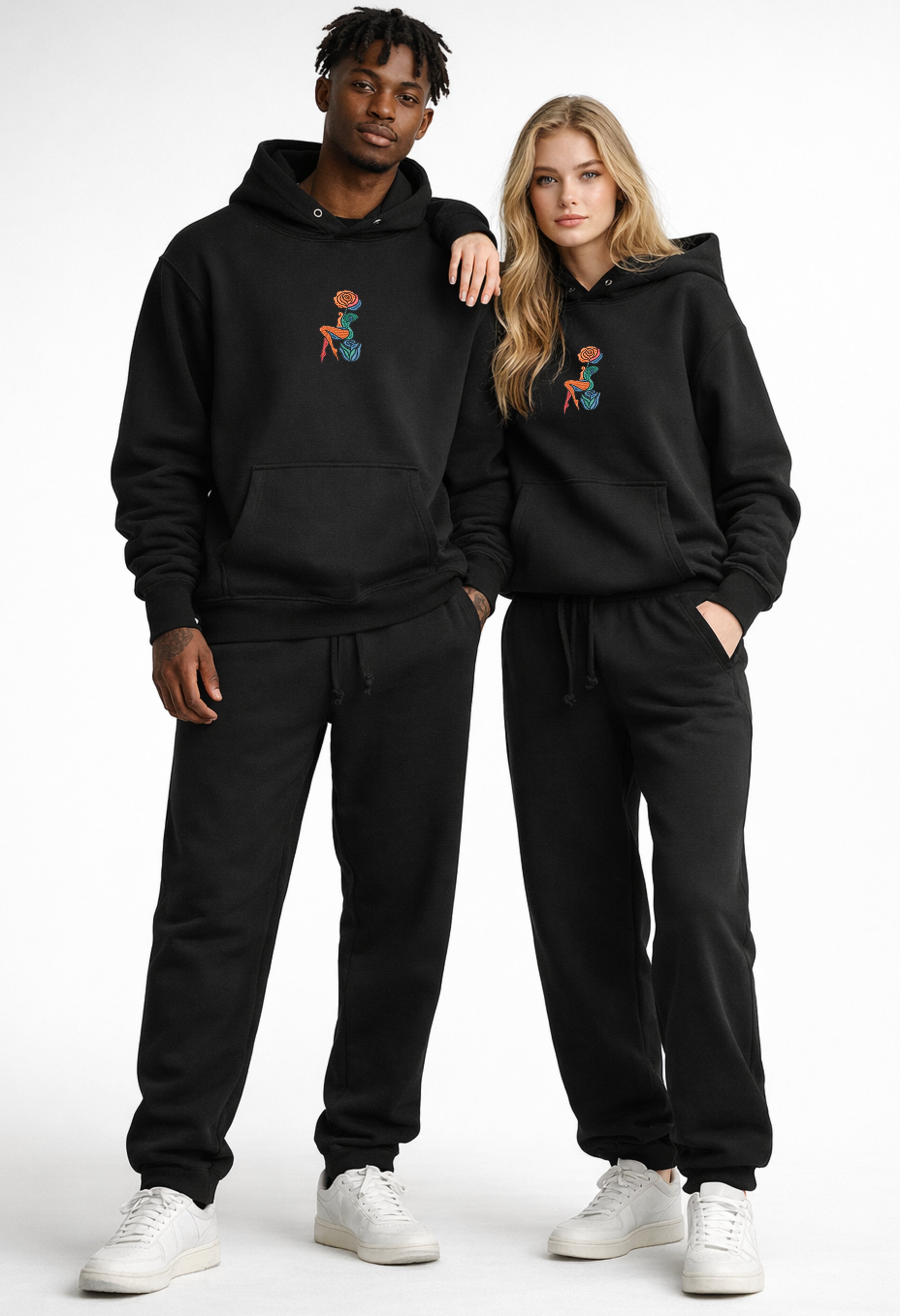 Abstract Rose Lady Mural Embroidered Heavyweight Hoodie and Sweatshirt