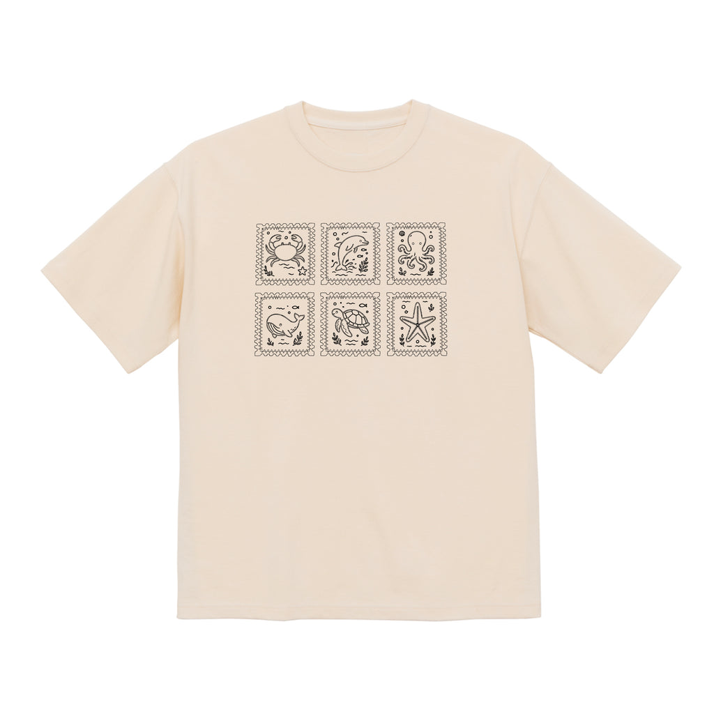 海の動物 スタンプ 海洋刺繍 プレミアムオーガニックコットンTシャツ