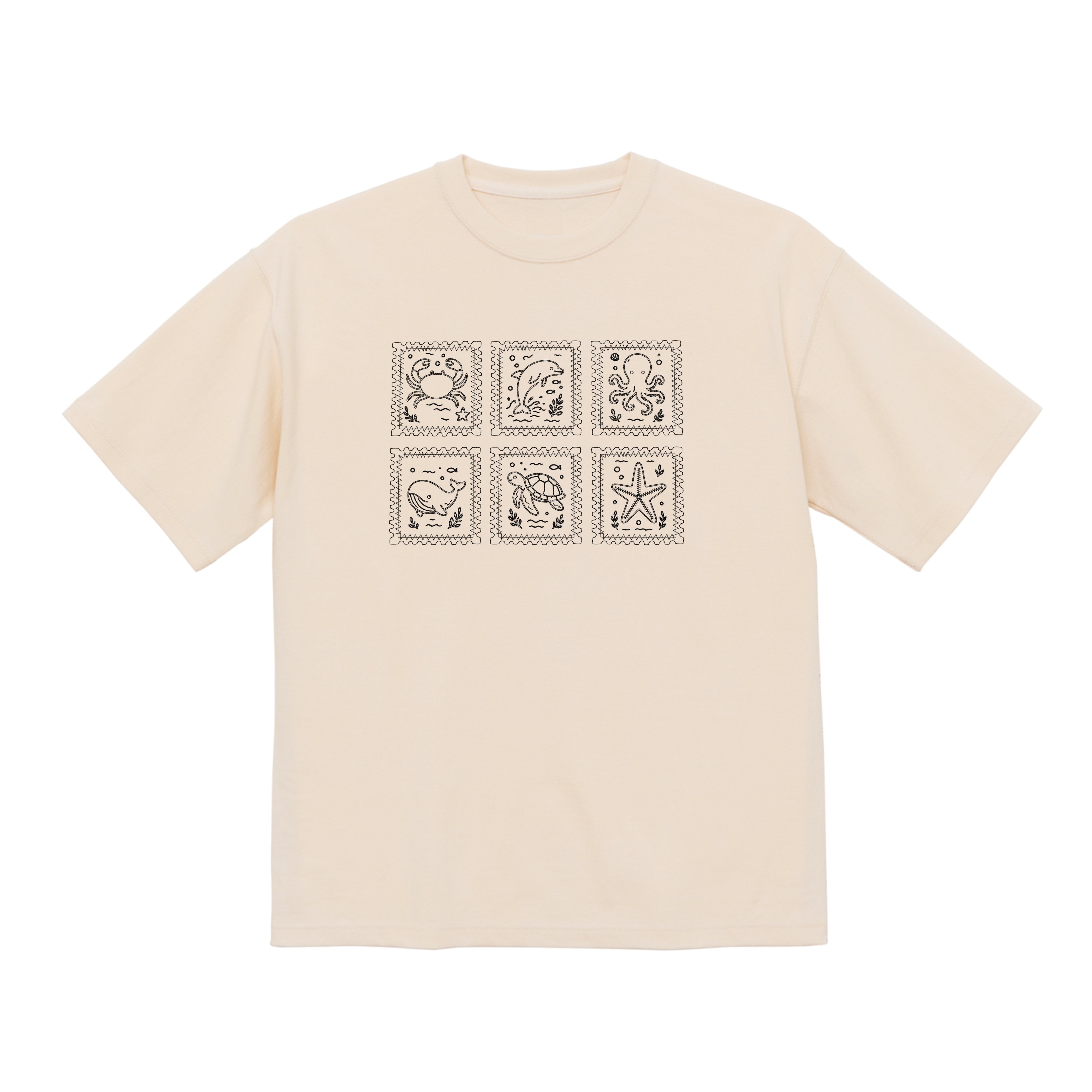 海の動物 スタンプ 海洋刺繍 プレミアムオーガニックコットンTシャツ